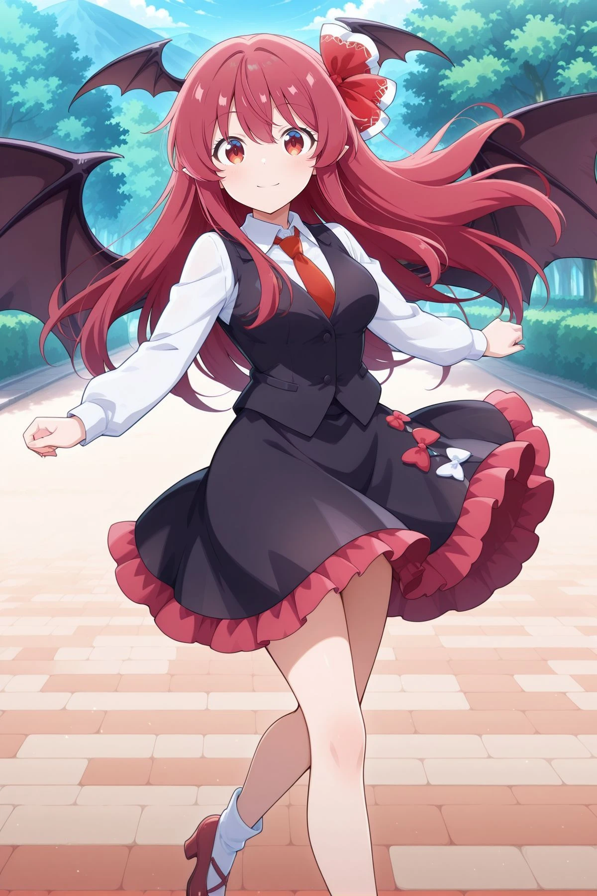 absurdres, highres, masterpiece, best quality, amazing quality, official anime artwork, screencap, anime screencap, outdoors, looking at viewer, light smile, dynamic pose, standing,
<lora:Koakuma_IllustriousV2:1> koakuma, 1girl, solo, red eyes, red hair, long hair, sidelocks, pointy ears, medium breasts, bat wings, head wings, wings,, koakuma \(descendant_of_darkness\), alternate costume, halloween costume, rumia (cosplay), black vest, white shirt, collared shirt, long sleeves, black skirt, pink frilled skirt, hair ribbon, red necktie, red ribbon, white socks, high heels, red shoes,