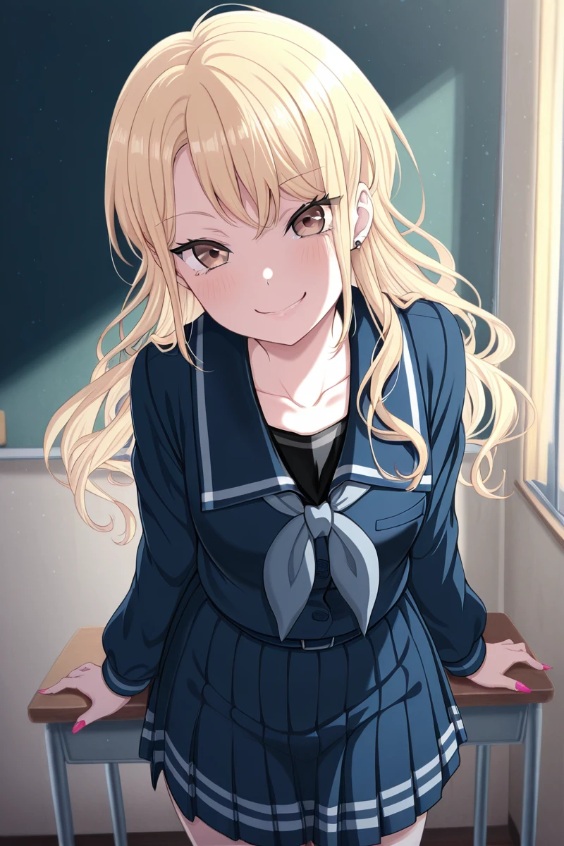 masterpiece, best quality, amazing quality,
<lora:Touko_IL:1> touko, 1girl, blonde hair, solo, long hair, school uniform, skirt, pleated skirt, smile, brown eyes, serafuku, blue skirt, looking at viewer, collarbone, gyaru, tsukinomori school uniform