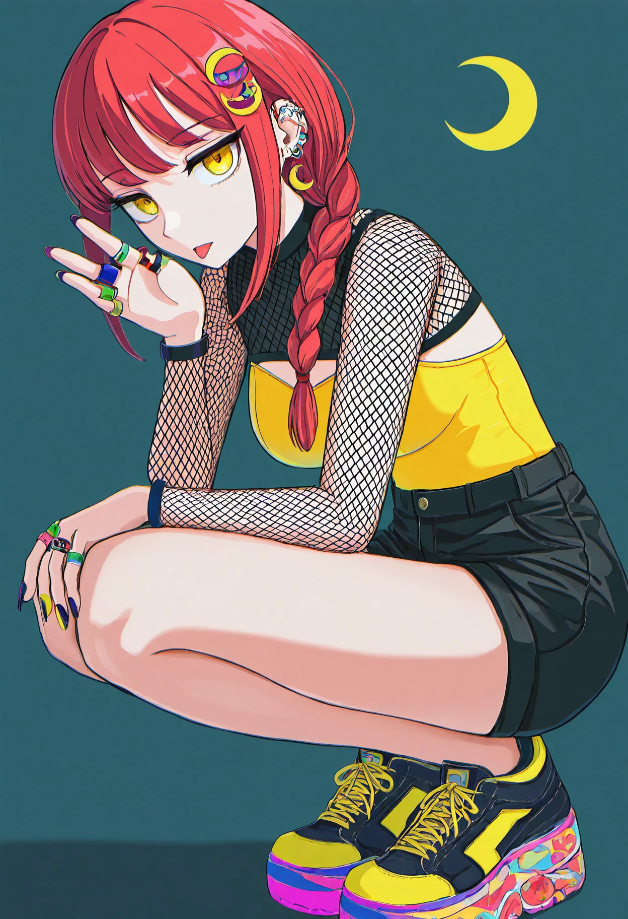 masterpiece, best quality, amazing quality, very aesthetic, absurdres, newest, 1girl,
<lora:umiushi_style_illustr-000010:1> 53c0nd_3ra,abstract, surreal, 1girl, makima, fishnet top, black shorts, yellow leotard, tongue, tongue piecing, ear piercing, multiple rings, platform footwear, sneakers, squatting, looking at viewer, expressionless, star symbol, crescent moon symbol, hair ornament, nail polish,