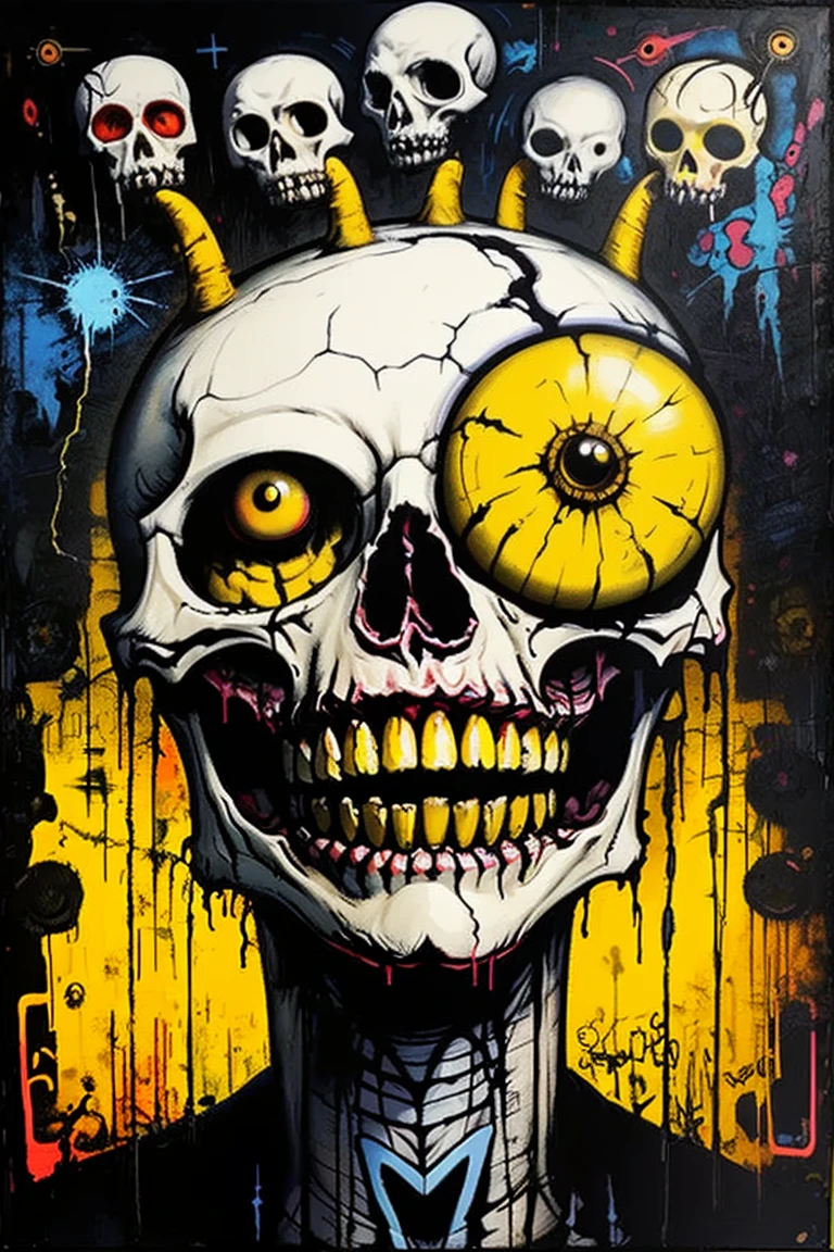 Matt Sesow, Clive Barker, Jim Mahfood, oilpainting, abstract, mixed media, skull, yellow eyes, no humans, teeth, open mouth, crack, horror (theme), portrait, traditional media