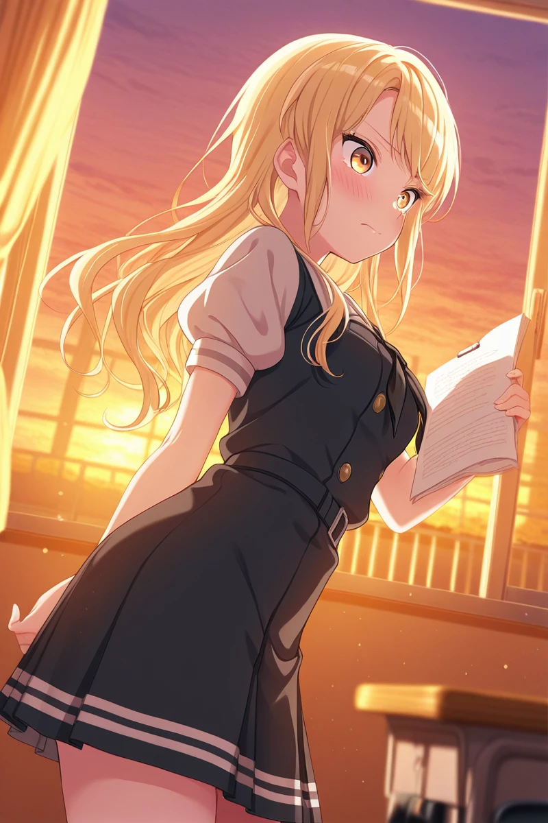 masterpiece, best quality, amazing quality,
<lora:Touko_IL:1> touko, 1girl, blonde hair, long hair, solo, school uniform, short sleeves, blush, holding, indoors, sunset, dress, window, puffy sleeves, puffy short sleeves, yellow eyes, closed mouth, bangs