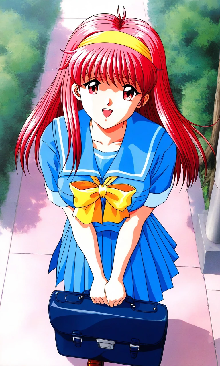 general,highres, ultra-detailed,very aesthetic,best quality ,best hands, BREAK <lora:Fujisaki_Shiori_Tokimeki_Memorial_Ver2.0_IS:1>
Fujisaki_Shiori(Tokimeki_Memorial), 1girl, solo, long hair, Yellow hairband, red hair, red eyes,pink hair, bangs, large breasts,
blue school uniform,blue skirt,Yellow bow,
tree,outdoors,
shoes,standing,school bag,serafuku,open mouth,red eyes,pleated skirt,
v arms,from above,looking at viewer,
