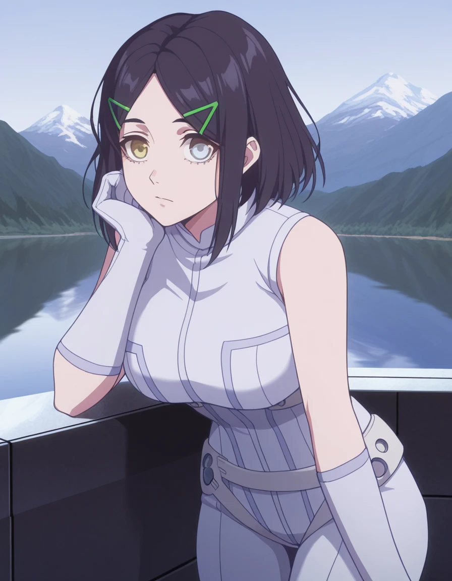 masterpiece, best quality, amazing quality,, <lora:angel-usukubo-s1-illustriousxl-lora-nochekaiser:1>, angel usukubo, short hair, bangs, black hair, hair ornament, yellow eyes, hairclip, medium hair, parted bangs, grey eyes, heterochromia, mature female, breasts, anime screencap, gloves, bodysuit, pilot suit, sleeveless, white bodysuit, head rest, lake, water, reflection, mountains, calm, cowboy shot, solo, looking at viewer