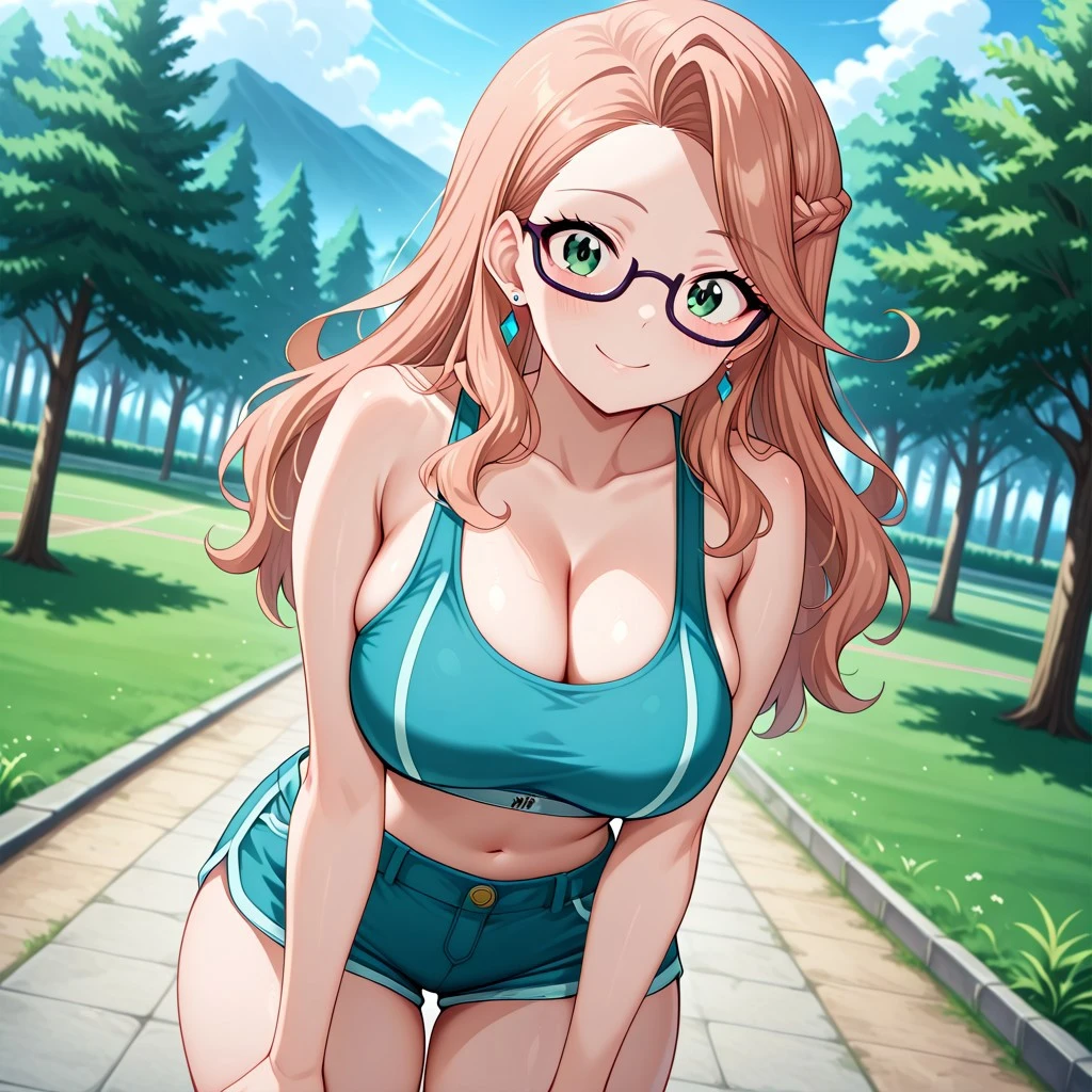(masterpiece, best quality:1.2), cowboy shot, (solo, 1girl), glasses, long fluffy pink hair, gorgeous body, cowboy shot, slight smile, crop top, (sexy very transparent (green) swimswit), stomach, navel exposed, natural mid breasts, pink breasts niples beneath the swimswit transparency, cameltoe under swimswit transparency, tanned skin, wet body and clothes, sexual pose, in a gorgeous forest in front a beach.