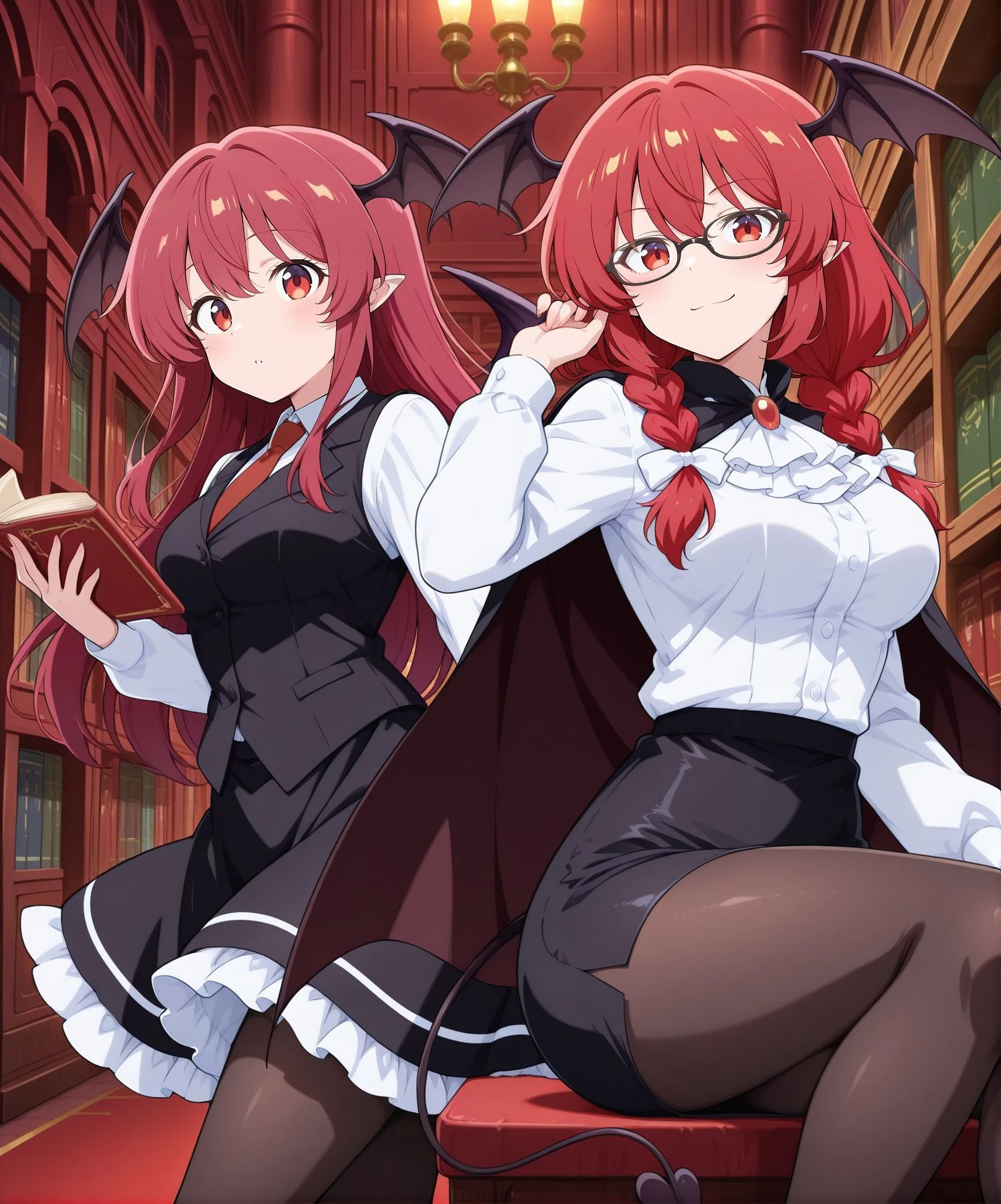 2girls, scarlet devil mansion, library, indoors, looking at viewer, book, dynamic pose, alongside, BREAK
absurdres, highres, masterpiece, best quality, amazing quality, official anime artwork, screencap, anime screencap, <lora:Koakuma_IllustriousV2:1> BREAK
koakuma, 1girl, solo, red eyes, red hair, long hair, sidelocks, pointy ears, medium breasts, bat wings, head wings, wings,, red necktie, white shirt, long sleeves, black vest, black skirt, frilled skirt, black pantyhose, BREAK
koakuma, 1girl, solo, red eyes, red hair, long hair, pointy ears, medium breasts, multiple wings, wings,, aged up, multiple head wings, alternate costume, alternate hairstyle, low twin braids, side braid, bat wings, demon tail, demon wings, hair ribbon, white ribbon, white ascot, frilled ascot, red gem, white shirt, long sleeves, puffy sleeves, cape, black cape, black skirt, miniskirt, pencil skirt, black legwear, black pantyhose, smug, glasses, sitting, BREAK