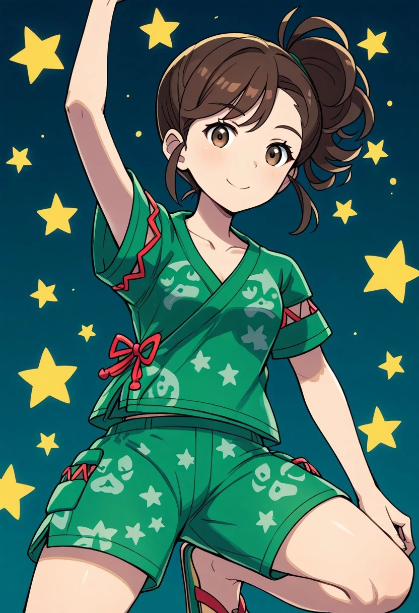 2d, masterpiece, best quality, amazing quality, 1girl, solo, close-up, standing, smile, upper body, cowboy shot, standing on one leg, looking at viewer, simple background, colorful background, stars,  tmjuliana, brown eyes, side ponytail, brown hair, sidelocks, collarbone, green shirt, print shirt, short sleeves, green shorts, print shorts, pocket, sandals, toes, score_9, score_8_up, score_7_up,source_anime