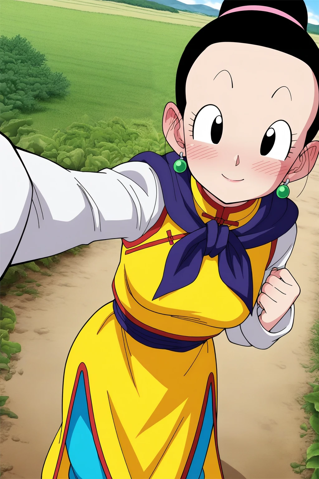 High quality, masterpiece, best quality, amazing resolution, 4k resolution, ultra-detailed, outdoors, day
BREAK 1girl, solo, chi-chi, single hairbun, black hair, black eyes, chinese clothes, long sleeves
white sleeves, yellow dress, blue pants, purple scarf, blush, smile, earrings. Selfie
masterpiece,best quality,amazing quality