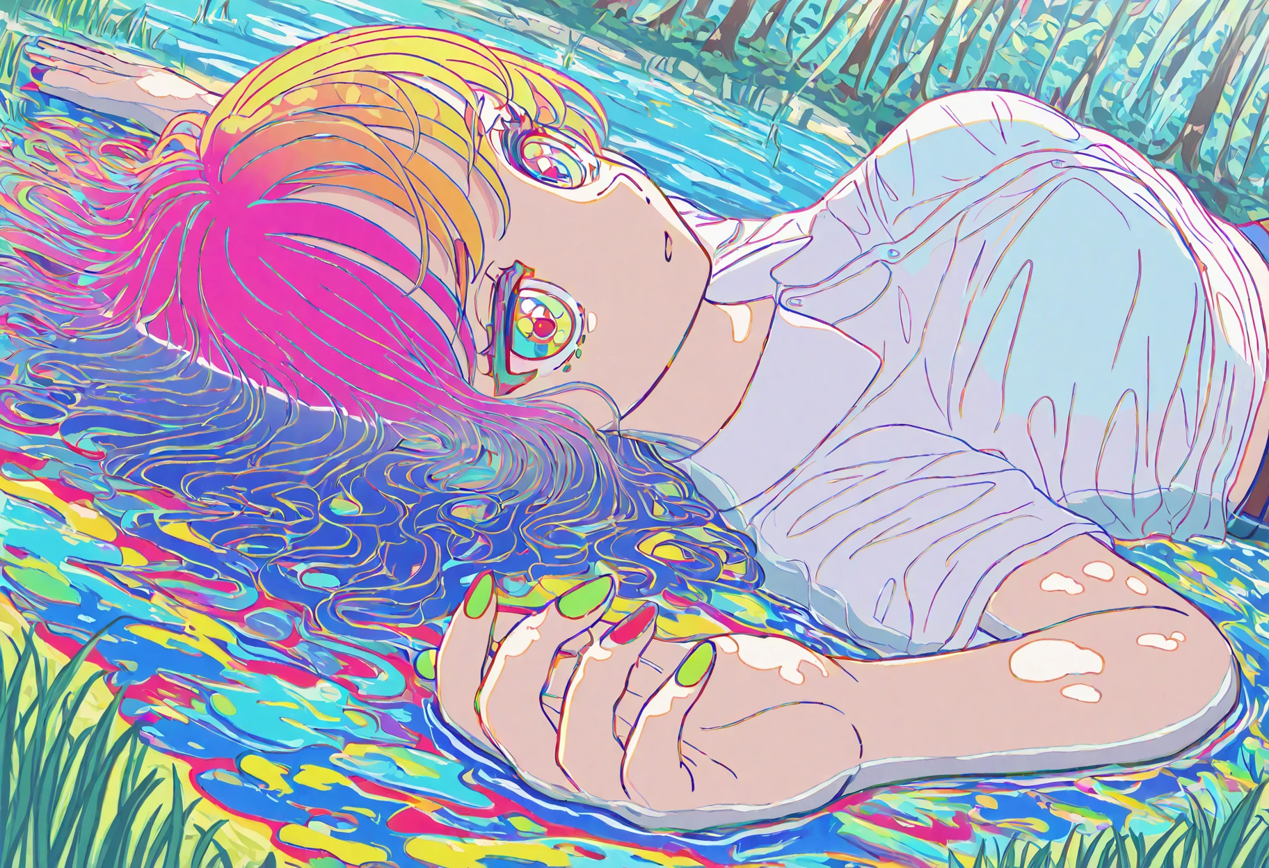 masterpiece, best quality, amazing quality, very aesthetic, absurdres, newest, 1girl,
abstract, surreal,
<lora:umiushi_style_illustr-000010:1> um1u5h1, f1r57_3ra, neon palette, vivid palette, colorful, limited palette,
unsettling atmosphere, disfigured body, chromatic abberation, glitch, hydrokinesis, dappled sunlight, lying on back, from side, from above, unique angle,