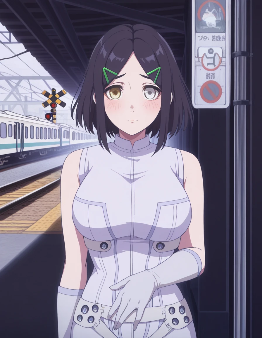 masterpiece, best quality, amazing quality,, <lora:angel-usukubo-s1-illustriousxl-lora-nochekaiser:1>, angel usukubo, short hair, bangs, black hair, hair ornament, yellow eyes, hairclip, medium hair, parted bangs, grey eyes, heterochromia, mature female, breasts, anime screencap, gloves, bodysuit, pilot suit, sleeveless, white bodysuit, hand on stomach, blush,, railroad crossing, sign, gate, train, street, cowboy shot, solo, looking at viewer
