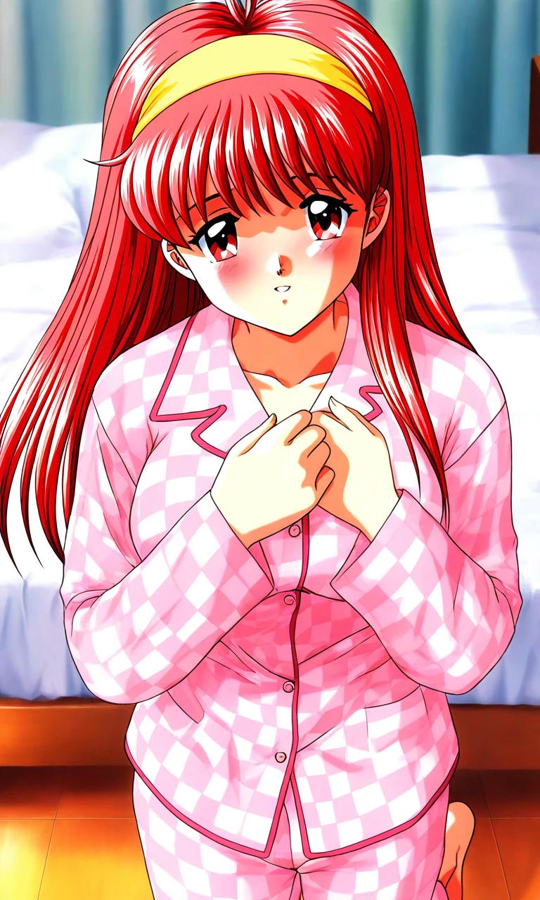 general,highres, ultra-detailed,very aesthetic,best quality ,best hands, BREAK <lora:Fujisaki_Shiori_Tokimeki_Memorial_Ver2.0_IS:1>
Fujisaki_Shiori(Tokimeki_Memorial), 1girl, solo, long hair, Yellow hairband, red hair, red eyes,pink hair, bangs, large breasts,
pajamas, long hair, barefoot, red hair, cowboy_Shot, standing, long sleeves,
hands on own chest,
blush,
sleeves past wrists, looking at viewer, bow, checkered clothes,
bed room,