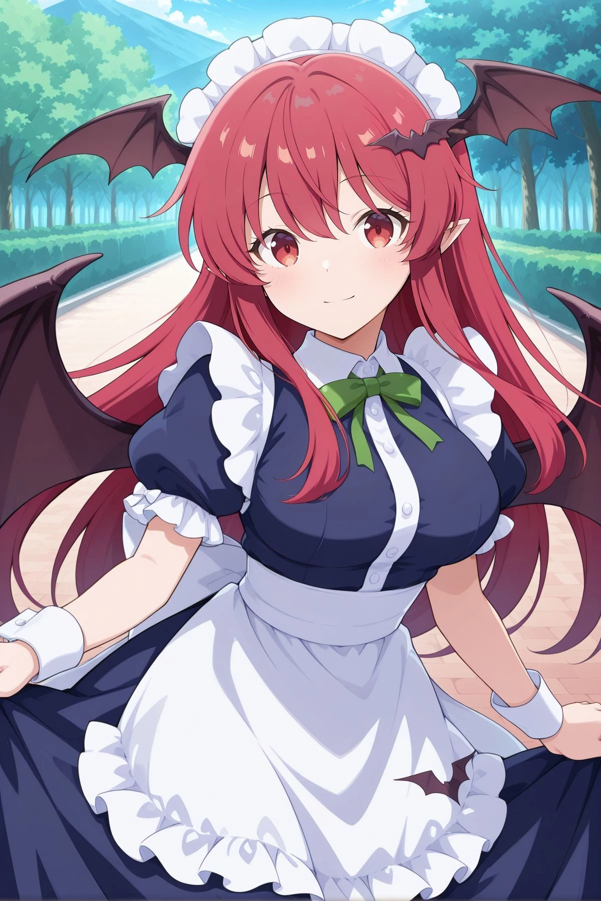 absurdres, highres, masterpiece, best quality, amazing quality, official anime artwork, screencap, anime screencap, outdoors, looking at viewer, light smile, dynamic pose, standing,
<lora:Koakuma_IllustriousV2:1> koakuma, 1girl, solo, red eyes, red hair, long hair, sidelocks, pointy ears, medium breasts, bat wings, head wings, wings,, koakuma \(errand girl familiar\), alternate costume, bat hair ornament, blue dress, frilled sleeves, green bow, green ribbon, maid headdress, puffy short sleeves, waist apron, frilled apron, white apron, back bow, large bow, white bow, wrist cuffs,