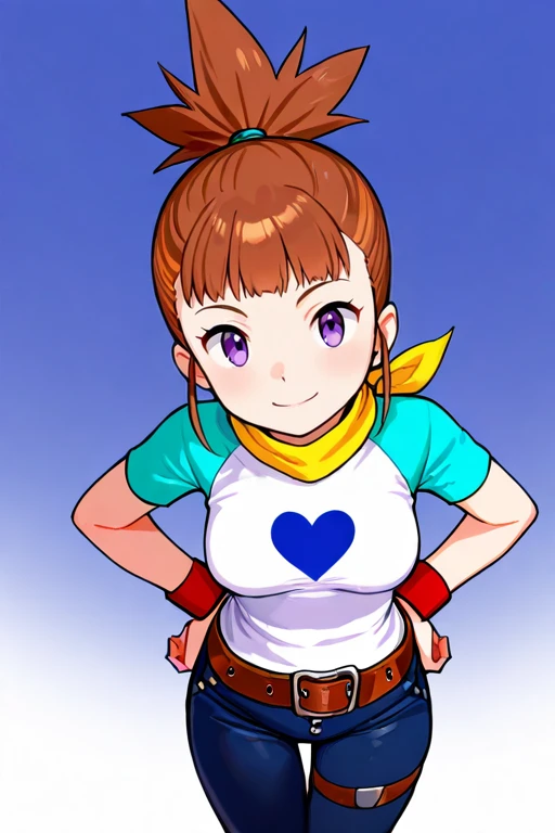 masterpiece, High quality, Ultra detailed, 2d, newest, absurdres, highres, BREAK
1girl, solo, <lora:makino_ruki:0.8>, ruki_makino, high ponytail, brown hair, purple eyes,
medium breasts, rukidef, raglan sleeves, scarf, t-shirt, heart print, wristband, belt, pants, jeans, thigh strap,
looking at viewer, from above, smile,