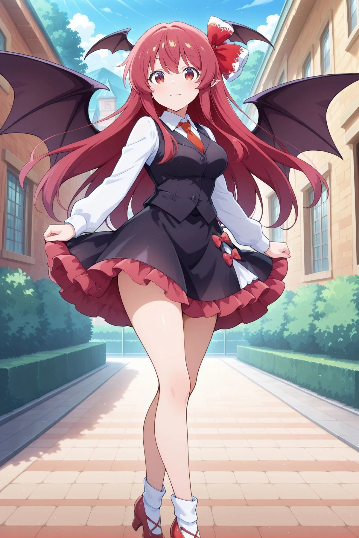 absurdres, highres, masterpiece, best quality, amazing quality, official anime artwork, screencap, anime screencap, outdoors, looking at viewer, light smile, dynamic pose, standing,
<lora:Koakuma_IllustriousV2:1> koakuma, 1girl, solo, red eyes, red hair, long hair, sidelocks, pointy ears, medium breasts, bat wings, head wings, wings,, koakuma \(descendant_of_darkness\), alternate costume, halloween costume, rumia (cosplay), black vest, white shirt, collared shirt, long sleeves, black skirt, pink frilled skirt, hair ribbon, red necktie, red ribbon, white socks, high heels, red shoes,