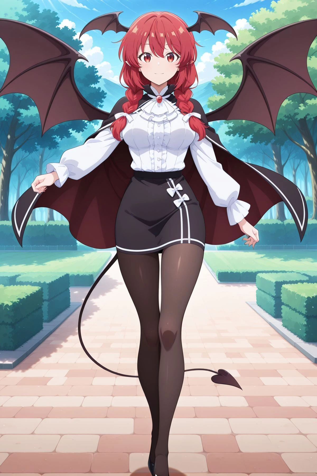 absurdres, highres, masterpiece, best quality, amazing quality, official anime artwork, screencap, anime screencap, outdoors, looking at viewer, light smile, dynamic pose, standing,
<lora:Koakuma_IllustriousV2:1> koakuma, 1girl, solo, red eyes, red hair, long hair, pointy ears, medium breasts, multiple wings, wings,, aged up, multiple head wings, alternate costume, alternate hairstyle, low twin braids, side braid, bat wings, demon tail, demon wings, hair ribbon, white ribbon, white ascot, frilled ascot, red gem, white shirt, long sleeves, puffy sleeves, cape, black cape, black skirt, miniskirt, pencil skirt, black legwear, black pantyhose, high heels, black footwear,