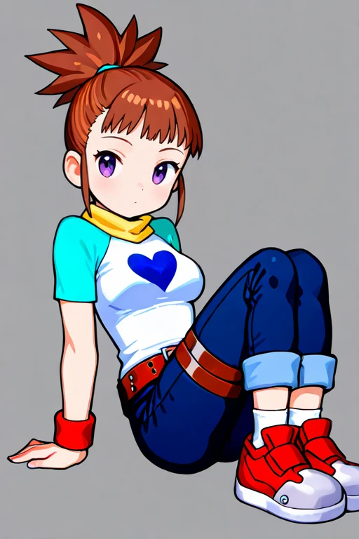 masterpiece, High quality, Ultra detailed, 2d, newest, absurdres, highres, BREAK
1girl, solo, <lora:makino_ruki:0.8>, ruki_makino, high ponytail, brown hair, purple eyes,
medium breasts, rukidef, raglan sleeves, scarf, t-shirt, heart print, wristband, belt, pants, jeans, thigh strap, pants rolled up, socks, shoes,
full body, sitting, looking at viewer,