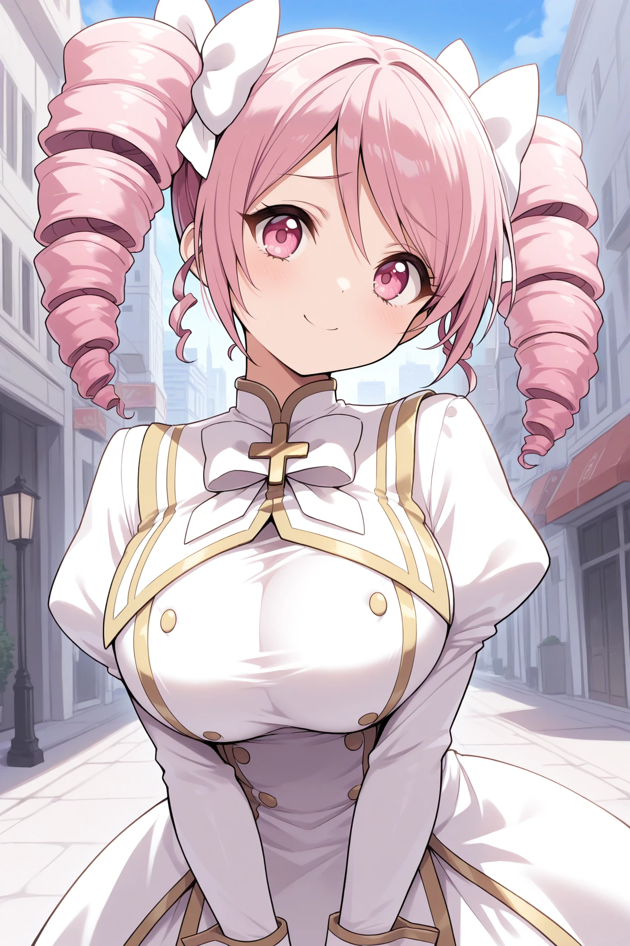masterpiece, best quality, 1girl, solo, <lora:dkpino-illu-nvwls-v1-000007:1> dkpino, pink hair, twin drills, short hair, pink eyes, hair bow, white bow, big breasts, white dress, gold trim, juliet sleeves, wrist cuffs, frilled dress, white bowtie, upper body, looking at viewer, smile, furrowed brow, city, blue sky, street