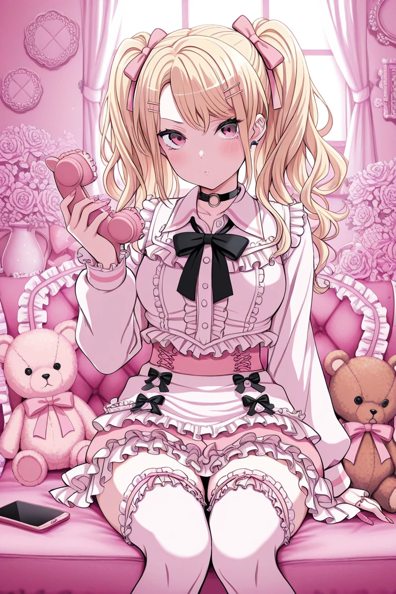masterpiece, best quality, amazing quality,
<lora:Touko_IL:1> touko, 1girl, blonde hair, teddy bear, solo, stuffed toy, stuffed animal, twintails, phone, thighhighs, hair ornament, sitting, frills, flower, hairclip, bow, looking at viewer, holding, gyaru
