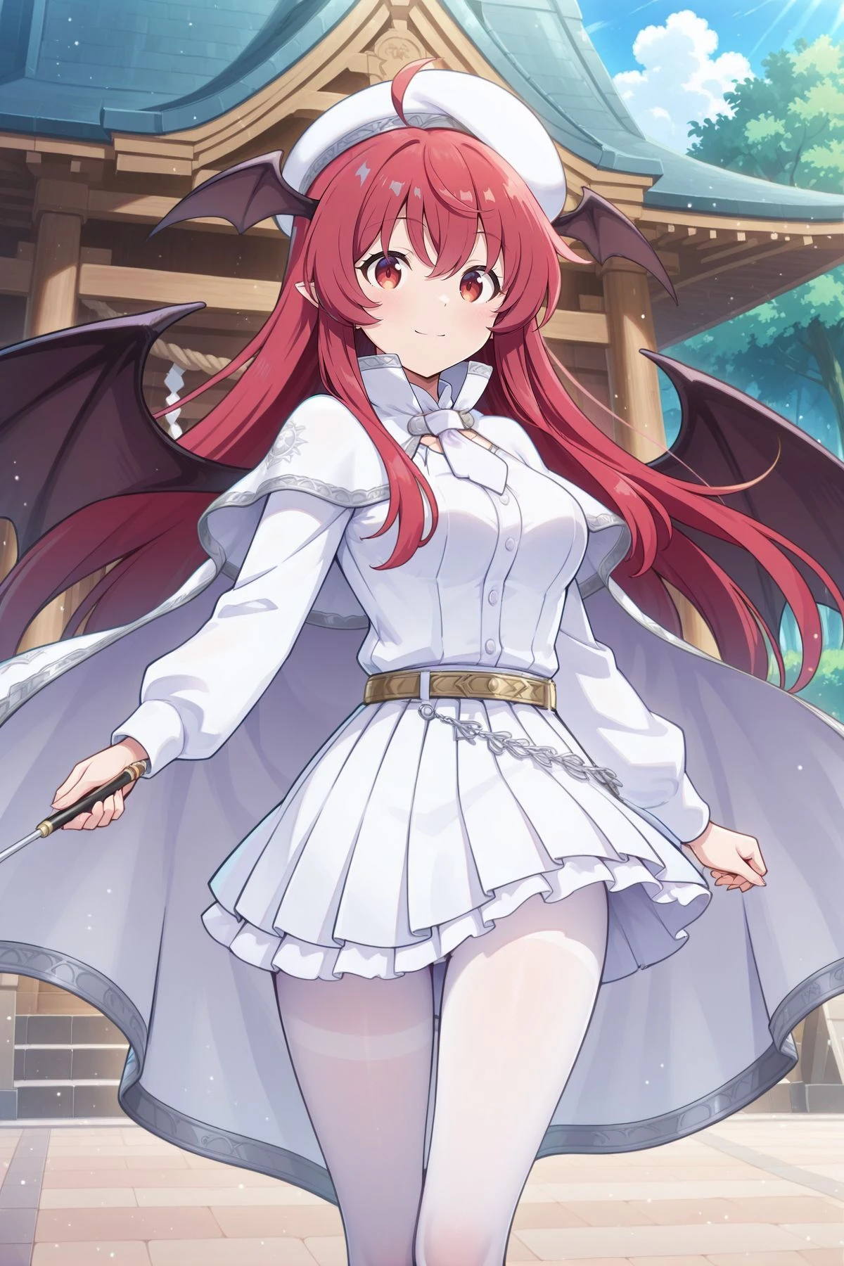 absurdres, highres, masterpiece, best quality, amazing quality, official anime artwork, screencap, anime screencap, outdoors, looking at viewer, light smile, dynamic pose, standing,
<lora:Koakuma_IllustriousV2:1> koakuma, 1girl, solo, red eyes, red hair, long hair, sidelocks, pointy ears, medium breasts, bat wings, head wings, wings,, koakuma \(white magic sigil\), alternate costume, ahoge, white hat, beret, white capelet, white necktie, white shirt, white skirt, pleated skirt, long sleeves, chain, gold belt, white cape, white ascot, white cape, white pantyhose, holding wand, shrine, day,