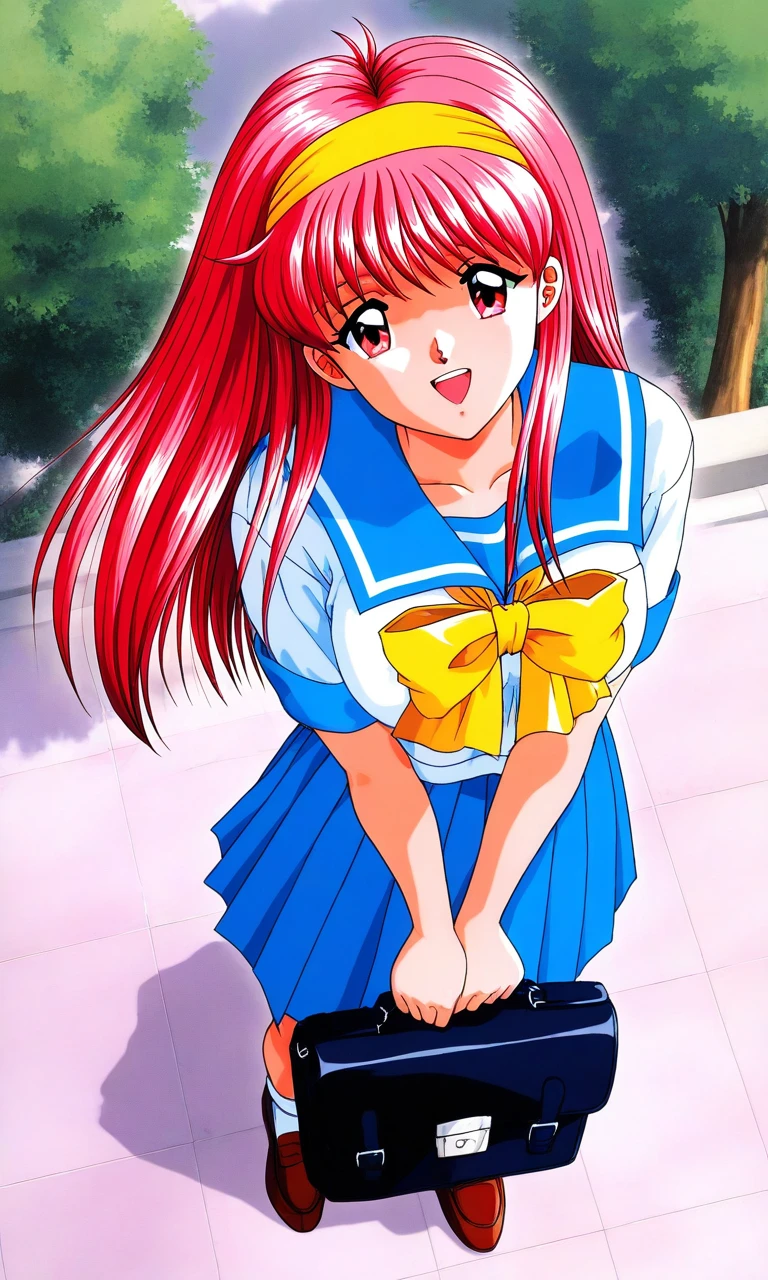 general,highres, ultra-detailed,very aesthetic,best quality ,best hands, BREAK <lora:Fujisaki_Shiori_Tokimeki_Memorial_Ver2.0_IS:1>
Fujisaki_Shiori(Tokimeki_Memorial), 1girl, solo, long hair, Yellow hairband, red hair, red eyes,pink hair, bangs, large breasts,
blue school uniform,blue skirt,Yellow bow,
tree,outdoors,
shoes,standing,school bag,serafuku,open mouth,red eyes,pleated skirt,
v arms,from above,looking at viewer,