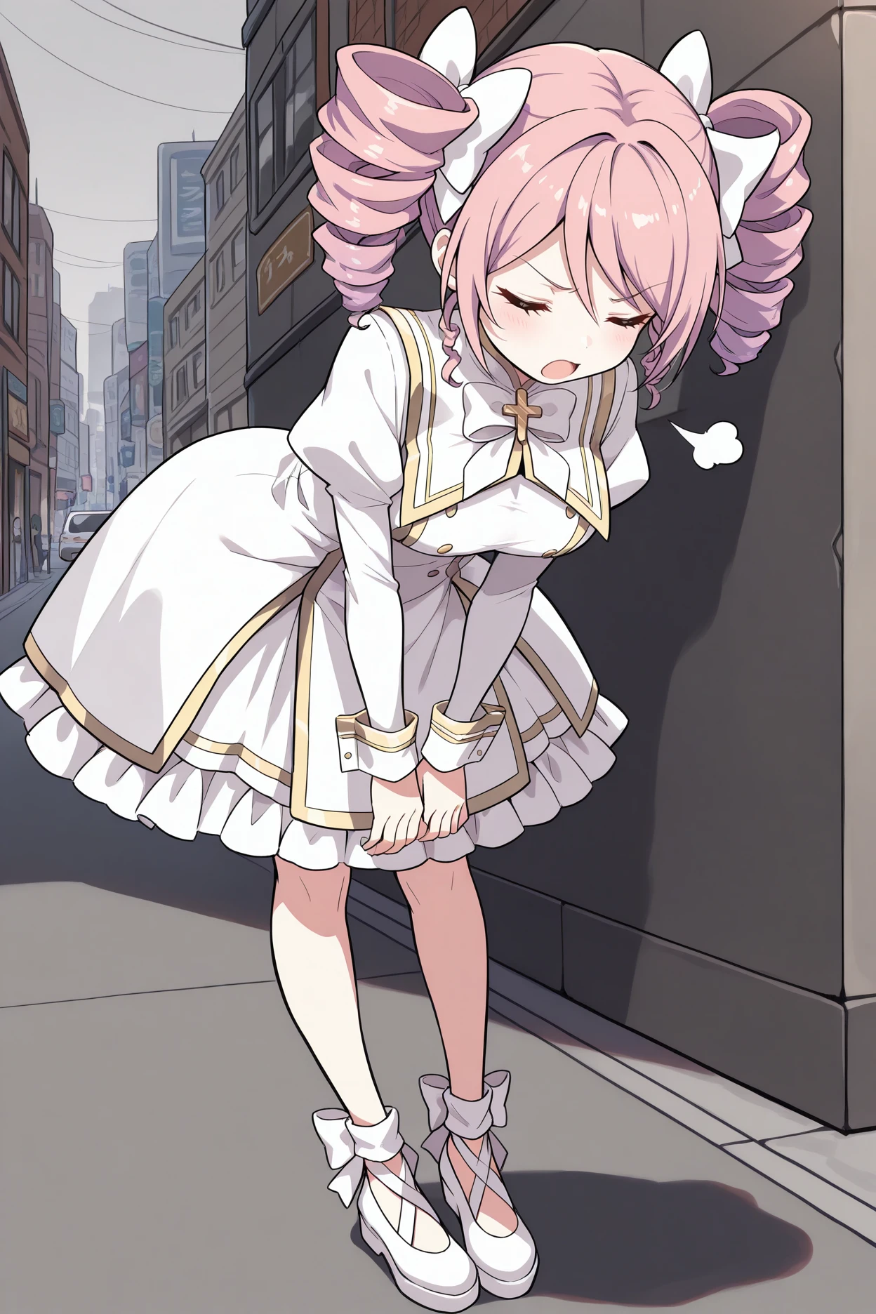 masterpiece, best quality, 1girl, solo, <lora:dkpino-illu-nvwls-v1-000007:1> dkpino, pink hair, twin drills, short hair, hair bow, white bow, white dress, gold trim, juliet sleeves, wrist cuffs, frilled dress, white bowtie, white shoes, closed eyes, open mouth, sigh, puff of air, hunched over, city street, grey sky, breasts