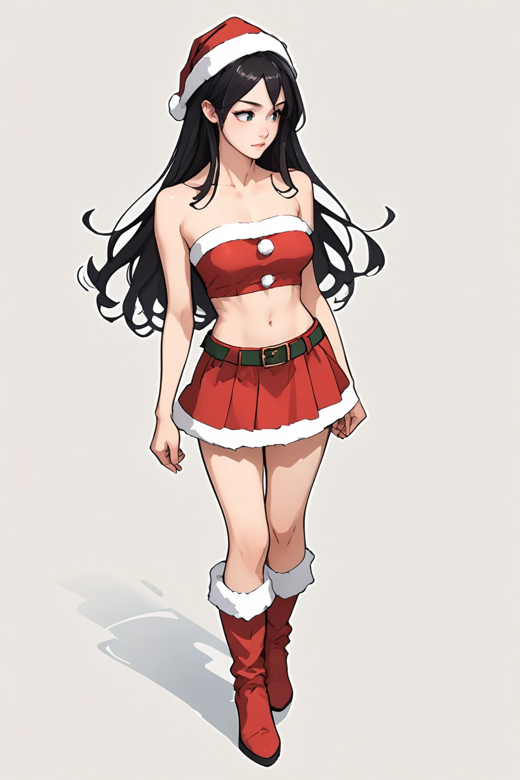 Score_9,score_8_up,score_7_up,1girl,solo,standing,full body, simple background, medium breasts, zPDXL3 navel, bare shoulders, collarbone, midriff, belt, miniskirt,crop top, fur trim, strapless, red skirt,santa costume, white hairband, fur-trimmed skirt, fur-trimmed skirt boots,santa hat, <lora:Ayaka_Sakuraba:.8> ayakasakuraba, 1girl, long hair, black hair, hairband, sexy pose, ,dynamic angle,