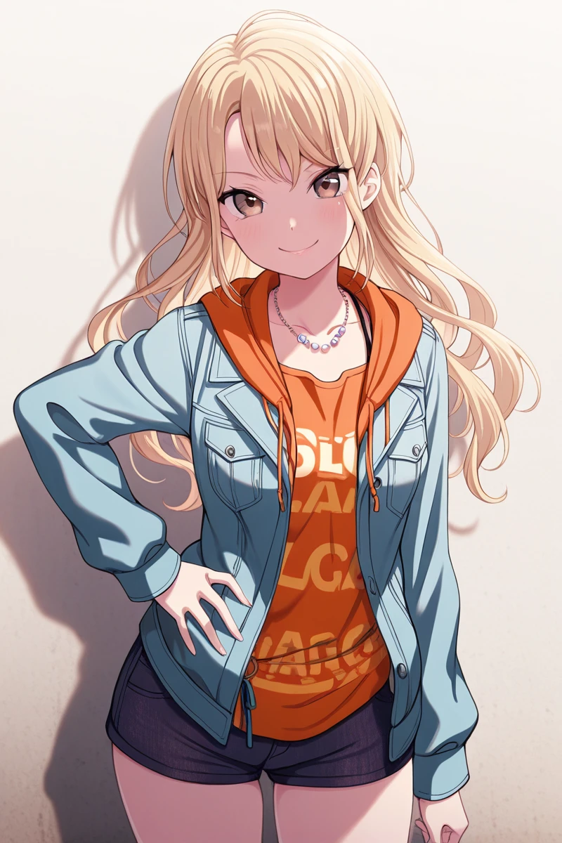 masterpiece, best quality, amazing quality,
<lora:Touko_IL:1> touko, 1girl, solo, long hair, blonde hair, brown eyes, looking at viewer, smile, shorts, jacket, jewelry, necklace, hand on hip, shirt, hood, collarbone, short shorts, casual