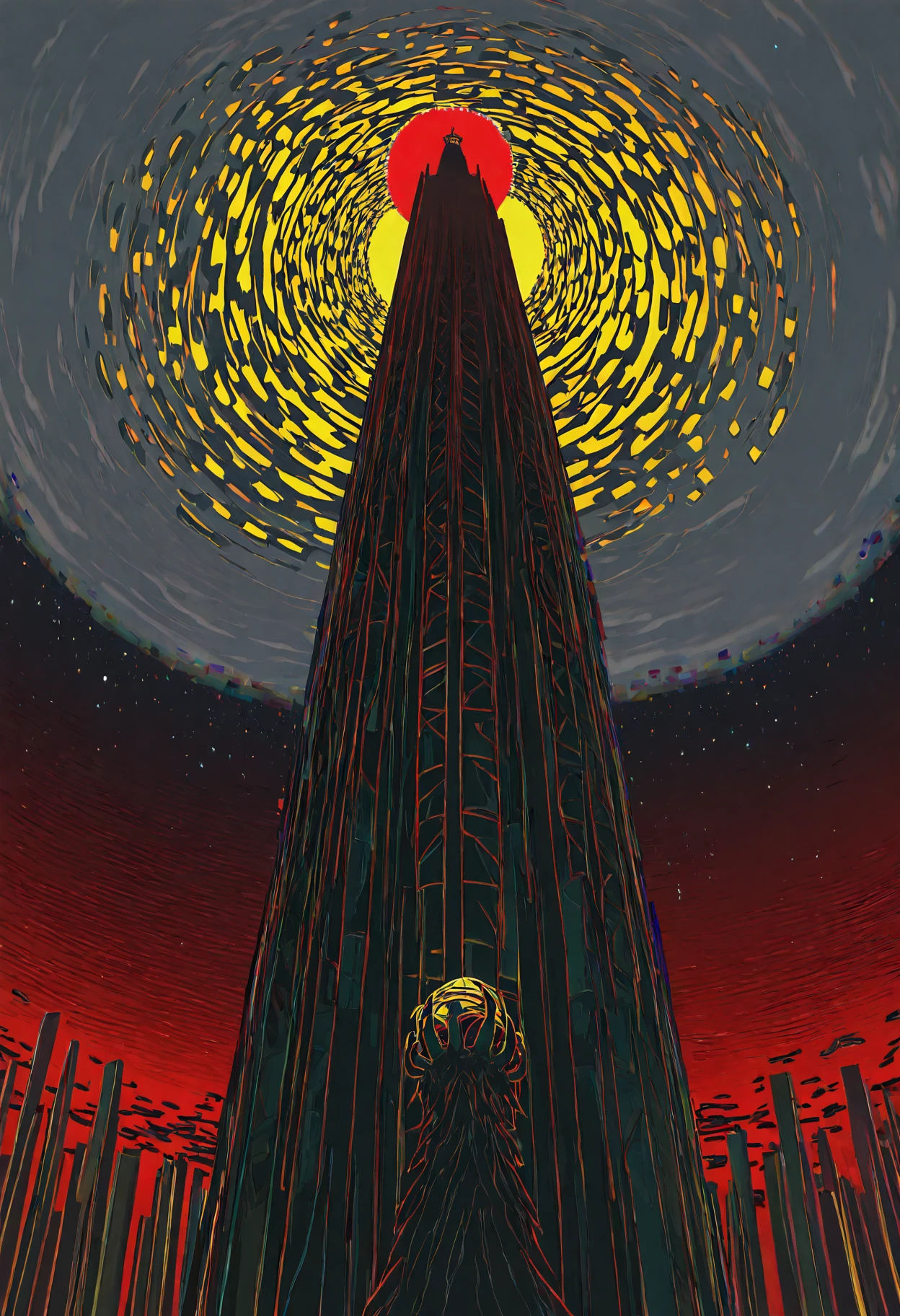 masterpiece, best quality, amazing quality, very aesthetic, absurdres, newest,
abstract, surreal,
<lora:umiushi_style_illustr-000010:1> 53c0nd_3ra, gloomy athmosphere, eerie, grim, (dark:0.5),
tall tower, detailed tower, grey sky, yellow theme, red theme, black theme, shining sun on top of tower, black spikes under tower, spikes,
(((glitch, glitching background, partly pixelated background, partly starry sky in background))),