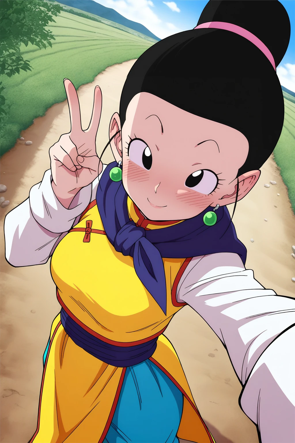 High quality, masterpiece, best quality, amazing resolution, 4k resolution, ultra-detailed, outdoors, day
BREAK 1girl, solo, chi-chi, single hairbun, black hair, black eyes, chinese clothes, long sleeves
white sleeves, yellow dress, blue pants, purple scarf, blush, smile, earrings. Selfie
masterpiece,best quality,amazing quality