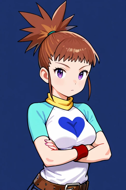 masterpiece, High quality, Ultra detailed, 2d, newest, absurdres, highres, BREAK
1girl, solo, <lora:makino_ruki:0.8>, ruki_makino, high ponytail, brown hair, purple eyes,
medium breasts, rukidef, raglan sleeves, scarf, t-shirt, heart print, wristband, belt, pants, jeans, thigh strap,
looking at viewer, upper body, crossed arms,