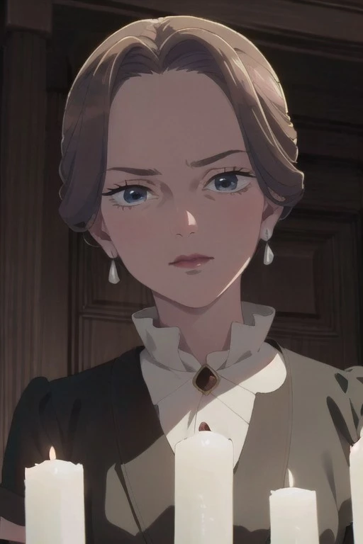 (masterpiece), kudou fuyu, short hair, brown hair, blue eyes, 1girl, solo, jewelry, earrings, looking at viewer, candle, lipstick, makeup