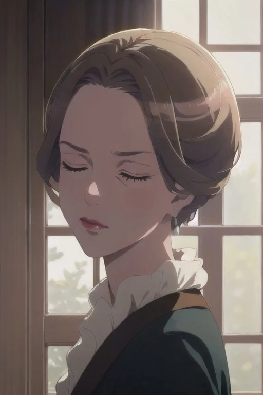 (masterpiece), kudou fuyu, short hair, brown hair, 1girl, solo, jewelry, closed eyes, earrings, lipstick, makeup, formal, window
