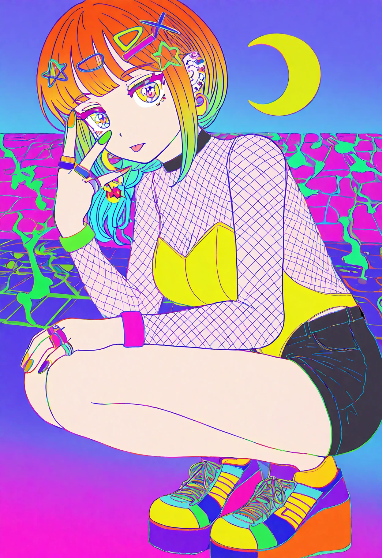 masterpiece, best quality, amazing quality, very aesthetic, absurdres, newest, 1girl,
<lora:umiushi_style_illustr-000010:1>f1r57_3ra, neon palette, vivid palette, colorful, limited palette,abstract, surreal, 1girl, makima, fishnet top, black shorts, yellow leotard, tongue, tongue piecing, ear piercing, multiple rings, platform footwear, sneakers, squatting, looking at viewer, expressionless, star symbol, crescent moon symbol, hair ornament, nail polish,