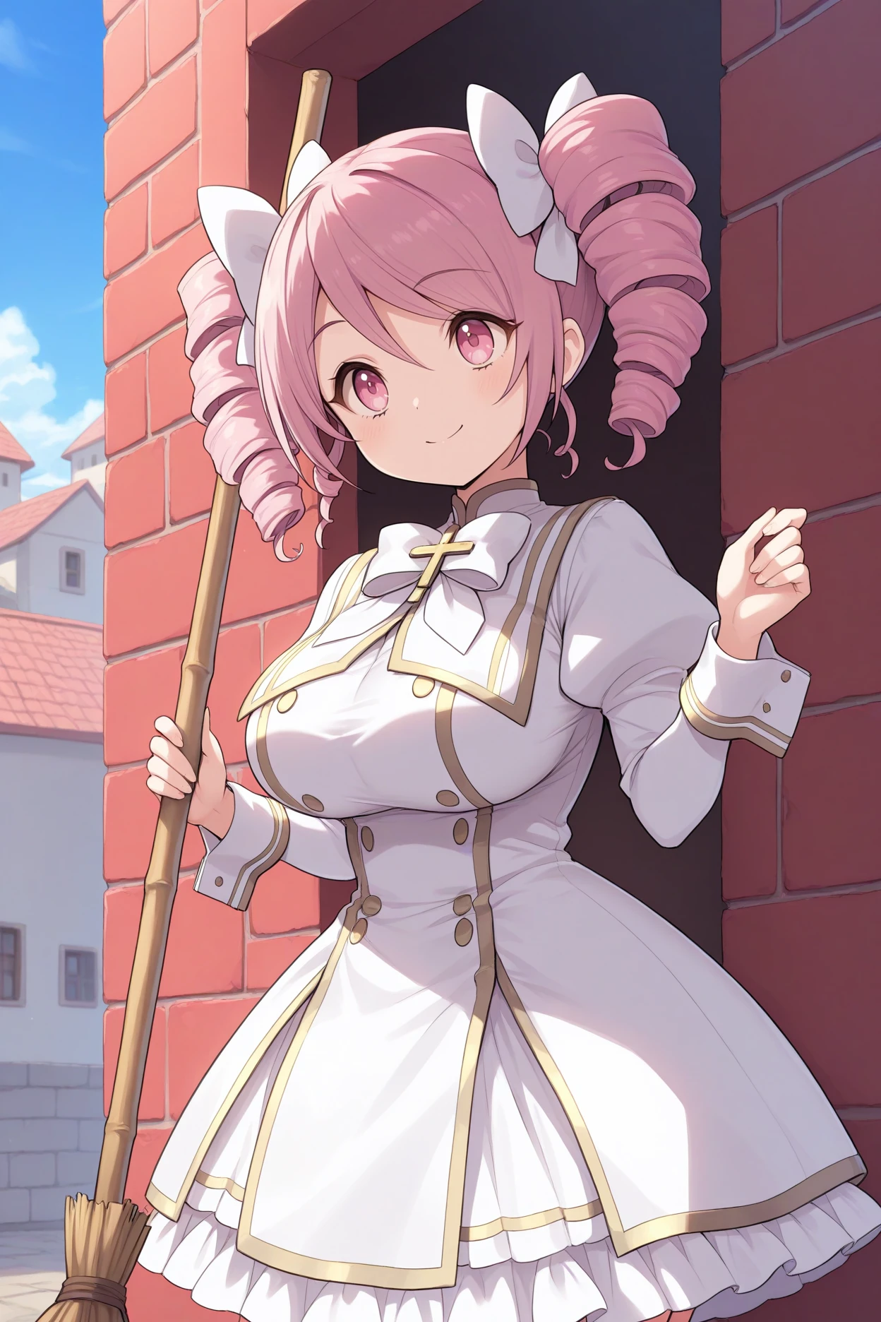masterpiece, best quality, 1girl, solo, <lora:dkpino-illu-nvwls-v1-000007:1> dkpino, pink hair, twin drills, short hair, pink eyes, hair bow, white bow, large breasts, white dress, gold trim, juliet sleeves, wrist cuffs, frilled dress, white bowtie, holding broom, blue sky, wall, town, smile, looking to the side