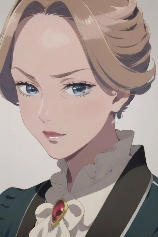 (masterpiece), kudou fuyu, short hair, brown hair, blue eyes, 1girl, solo, jewelry, earrings, lipstick, makeup, anime coloring