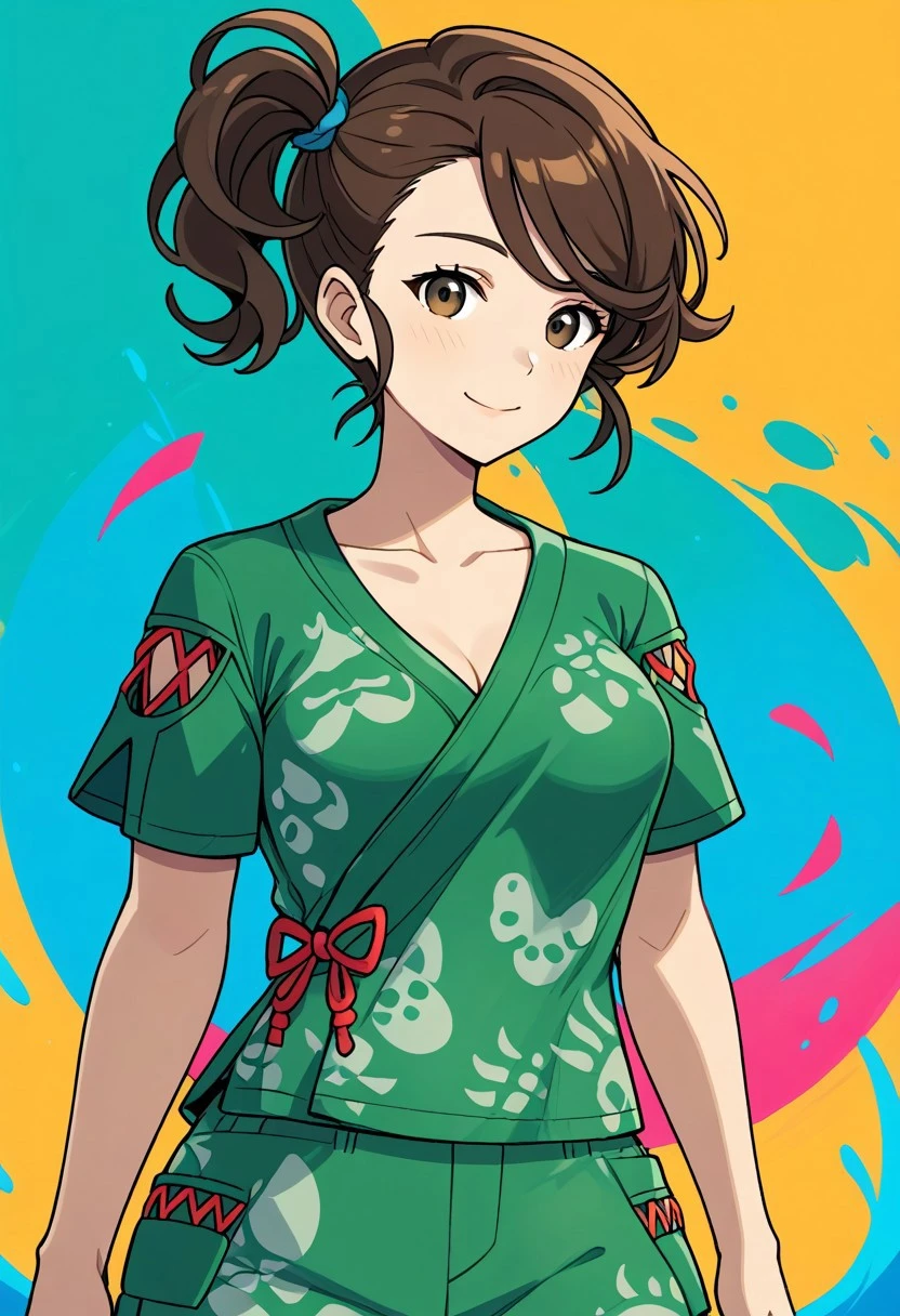 2d, masterpiece, best quality, amazing quality, 1girl, solo, close-up, standing, smile, upper body, cowboy shot, looking at viewer, simple background, colorful background, color splashes, tmjuliana, brown eyes, side ponytail, brown hair, sidelocks, collarbone, green shirt, print shirt, short sleeves, green shorts, print shorts, pocket, score_9, score_8_up, score_7_up,source_anime, medium breasts