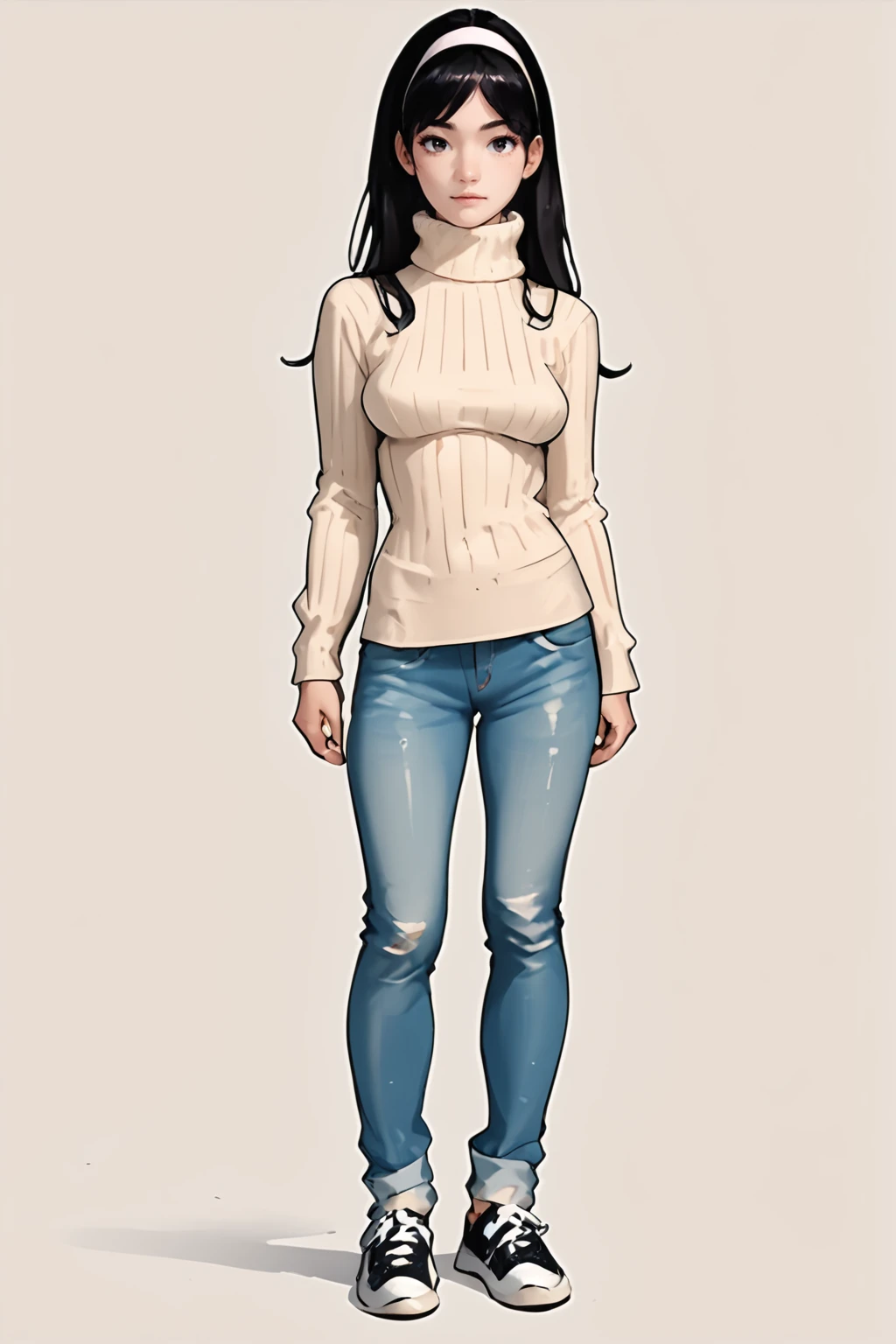 Score_9,score_8_up,score_7_up,1girl,solo,standing,full body, simple background, medium breasts, zPDXL3 , pants, sweater, turtleneck, denim, ribbed sweater, jeans,sneakers,white hairband, <lora:Ayaka_Sakuraba:.8> ayakasakuraba, 1girl, long hair, black hair, hairband, sexy pose, ,dynamic angle,