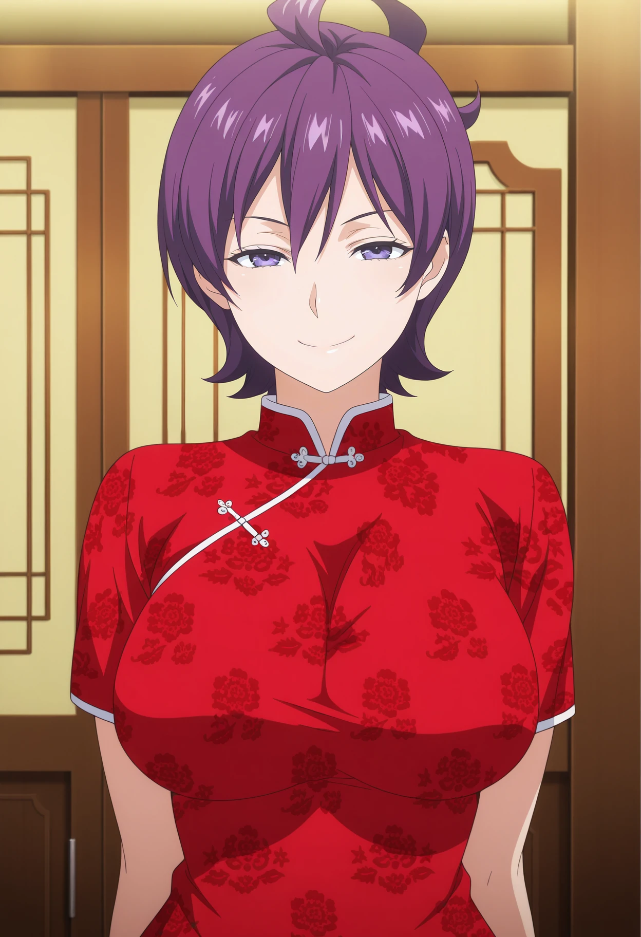 1girl,solo,mm,mature female,short hair,purple hair,purple eyes,large breasts,anime coloring,
chinese clothes,china dress,red dress,upper body, looking at viewer, smile,indoors
,masterpiece,best quality,amazing quality,<lora:Miyoko_Houjou-Shokugeki_no_Souma:0.8>