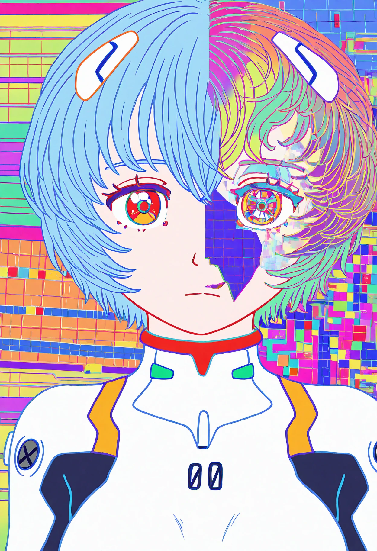 masterpiece, best quality, amazing quality, very aesthetic, absurdres, newest,
abstract, surreal,
<lora:umiushi_style_illustr-000010:1> f1r57_3ra, neon palette, vivid palette, colorful, limited palette,
1girl, rei ayanami, ayanami rei, white plugsuit, white bodysuit, blue hair, short hair, expressionless,
upper body focus, portrait, looking at viewer,
disfigured face, glitching face, pixelated face, geometric face, polygonal face, suprematic face,
error, glitch, geometric style, geometric forms, square forms, polygon patterns, cubism,