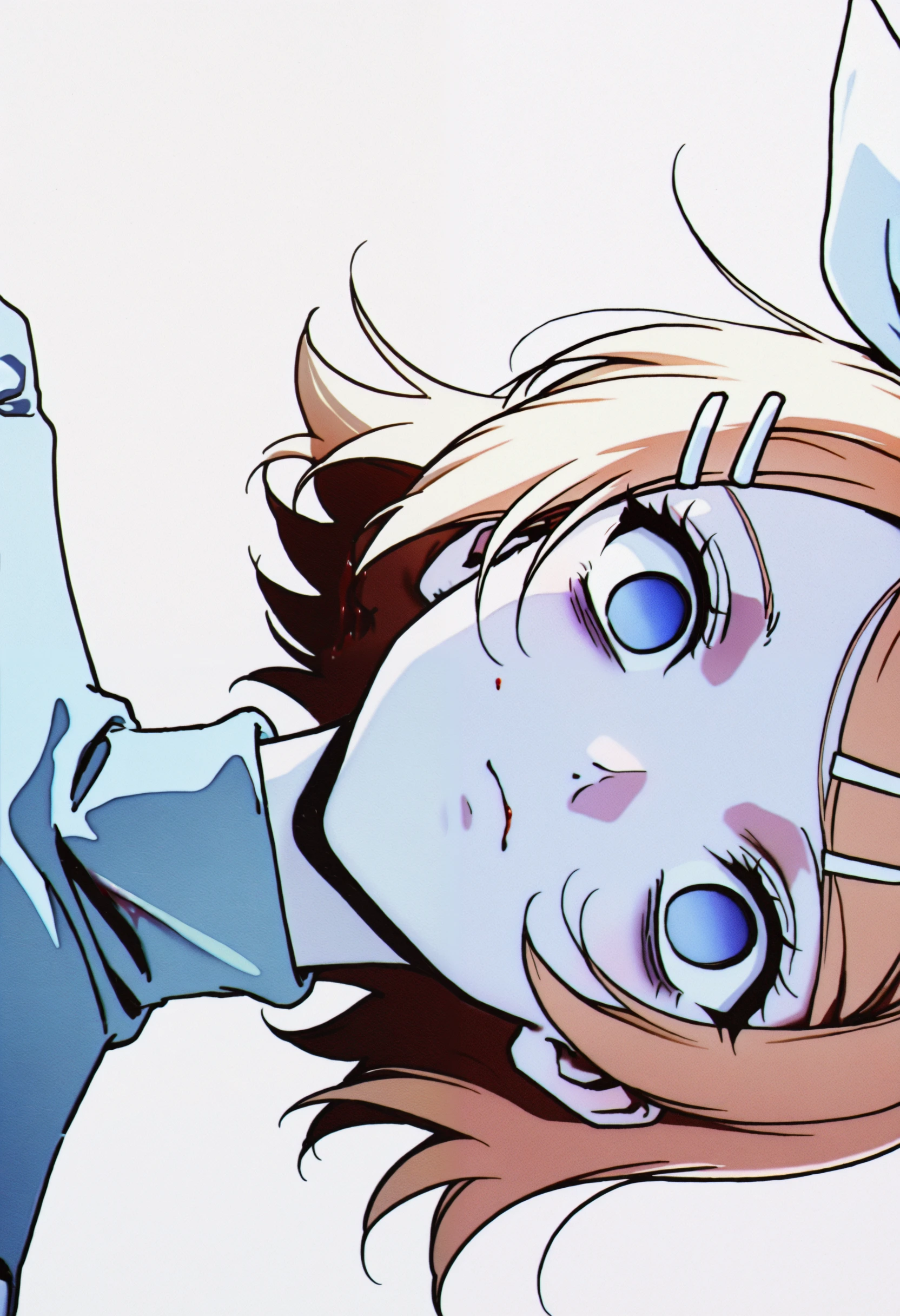 ZG9sb, retro artstyle, 1990s \(style\), kagamine rin, 1girl, solo, blonde hair, bow, hair ornament, hair bow, hairclip, sideways, blue eyes, blood from mouth, white bow, looking at viewer, blood, white background, portrait, simple background, short hair, swept bangs, wide-eyed, pale skin, bags under eyes, closed mouth, turtleneck, empty eyes, expressionless, <lora:ZG9sb3JzaWxlbnRpdW0=-illustriousXL_v01_V1-CAME:1.0>,