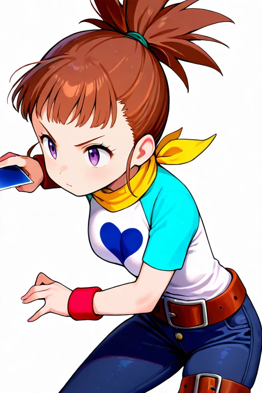 masterpiece, High quality, Ultra detailed, 2d, newest, absurdres, highres, BREAK
1girl, solo, <lora:makino_ruki:0.8>, ruki_makino, high ponytail, brown hair, purple eyes,
medium breasts, rukidef, raglan sleeves, scarf, t-shirt, heart print, wristband, belt, pants, jeans, thigh strap,
holding card, fighting stance, hand up,