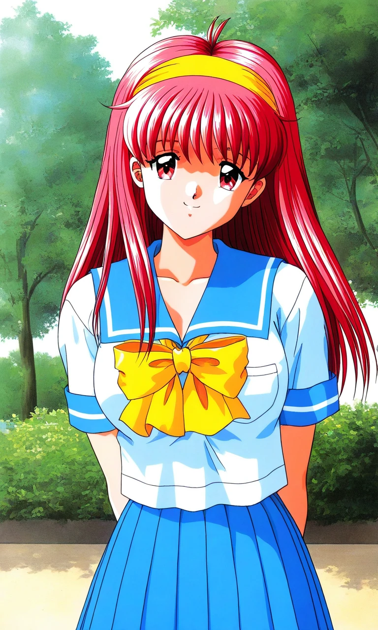 general,highres, ultra-detailed,very aesthetic,best quality ,best hands, BREAK <lora:Fujisaki_Shiori_Tokimeki_Memorial_Ver2.0_IS:1>
Fujisaki_Shiori(Tokimeki_Memorial), 1girl, solo, long hair, Yellow hairband, red hair, red eyes,pink hair, bangs, large breasts,
school uniform, skirt, serafuku, bow, yellow bow, arms behind back, summer costume,
smile, blue skirt, pleated skirt, blue sailor collar, short sleeves, white background, sailor collar,
outdoor, tree,