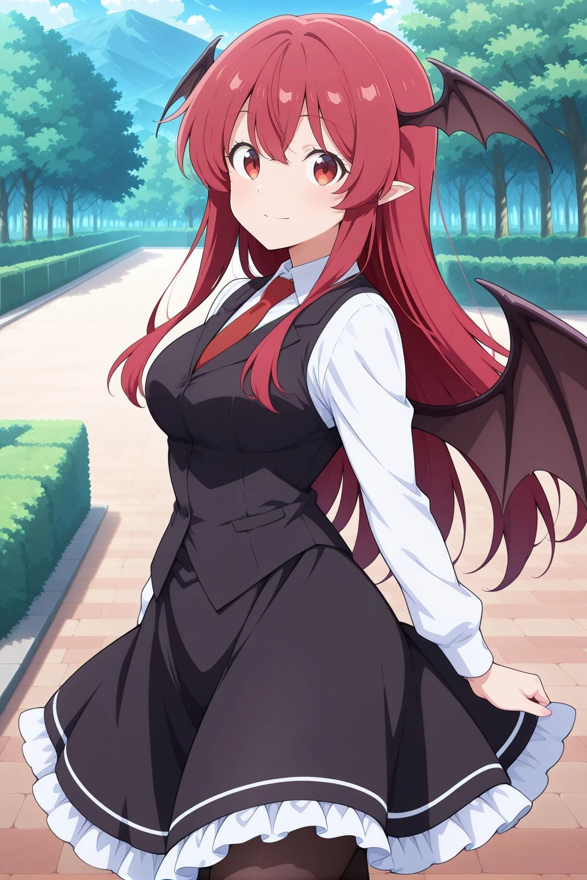 absurdres, highres, masterpiece, best quality, amazing quality, official anime artwork, screencap, anime screencap, outdoors, looking at viewer, light smile, dynamic pose, standing,
<lora:Koakuma_IllustriousV2:1> koakuma, 1girl, solo, red eyes, red hair, long hair, sidelocks, pointy ears, medium breasts, bat wings, head wings, wings,, red necktie, white shirt, long sleeves, black vest, black skirt, frilled skirt, black pantyhose,