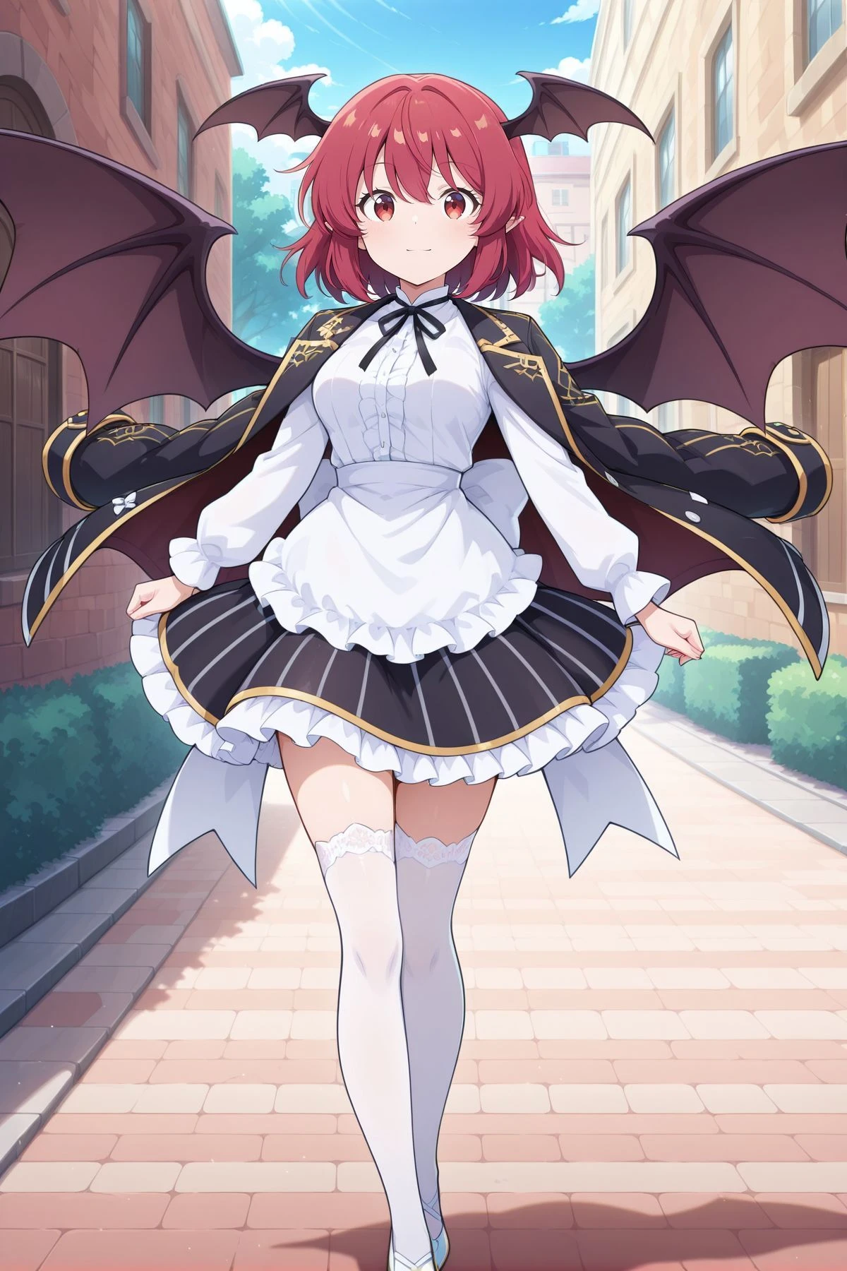 absurdres, highres, masterpiece, best quality, amazing quality, official anime artwork, screencap, anime screencap, outdoors, looking at viewer, light smile, dynamic pose, standing,
<lora:Koakuma_IllustriousV2:1> koakuma, 1girl, solo, red eyes, red hair, short hair, pointy ears, medium breasts, bat wings, head wings, wings,, koakuma \(compendium of advanced magic\), alternate costume, black jacket, jacket on shoulders, gold trims, black neck ribbon, petticoat, white shirt, long sleeves, black skirt, waist apron, goth fashion,white apron, back bow, white bow, white thighhighs, frilled thighhighs, high heels, white footwear, frilled skirt, vertical-striped skirt,