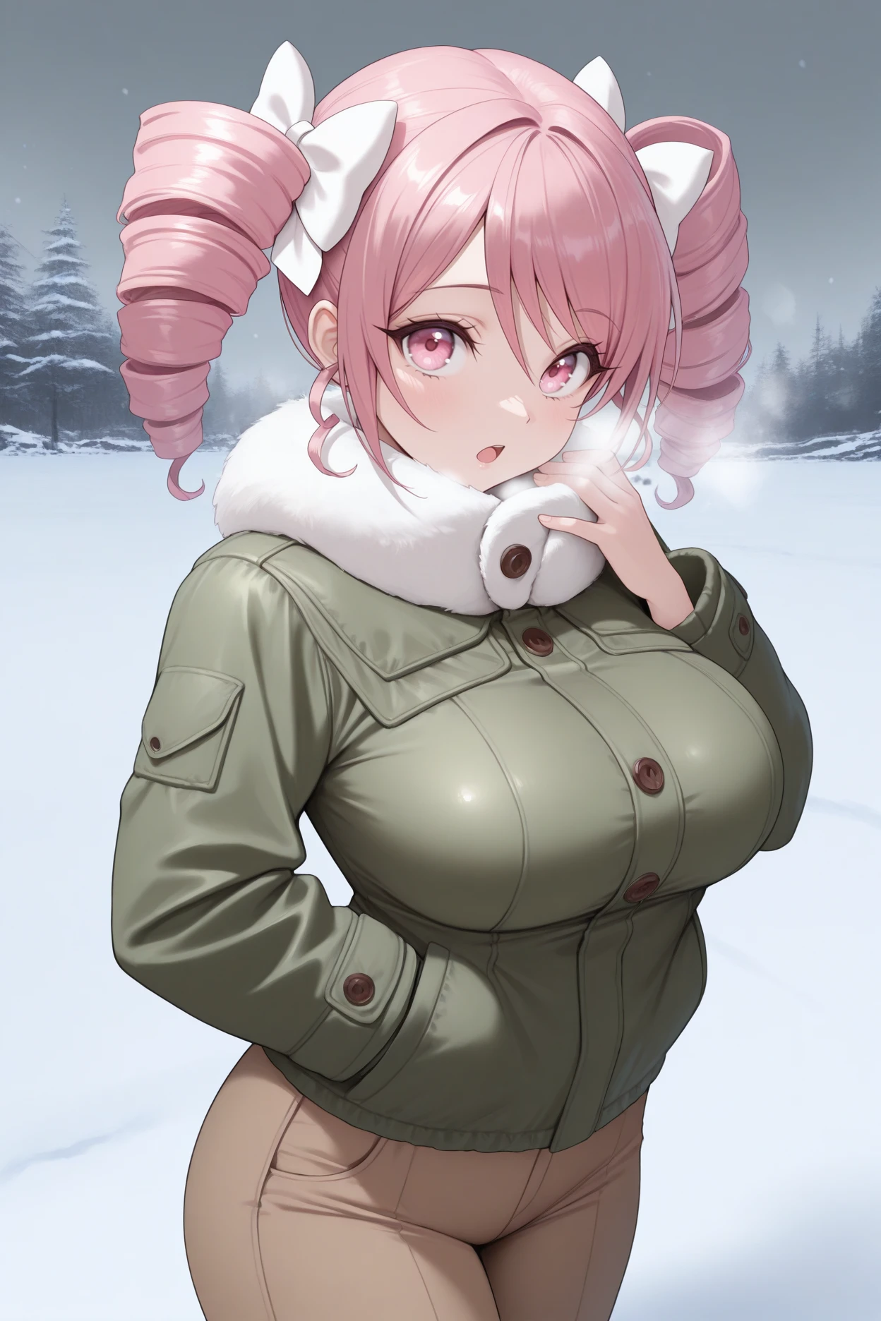 masterpiece, best quality, 1girl, solo, <lora:dkpino-illu-nvwls-v1-000007:1> dkpino, pink hair, twin drills, short hair, pink eyes, hair bow, white bow, large breasts, green jacket, fur trim, winter jacket, brown pants, snow, looking at viewer, open mouth, cold, grey sky