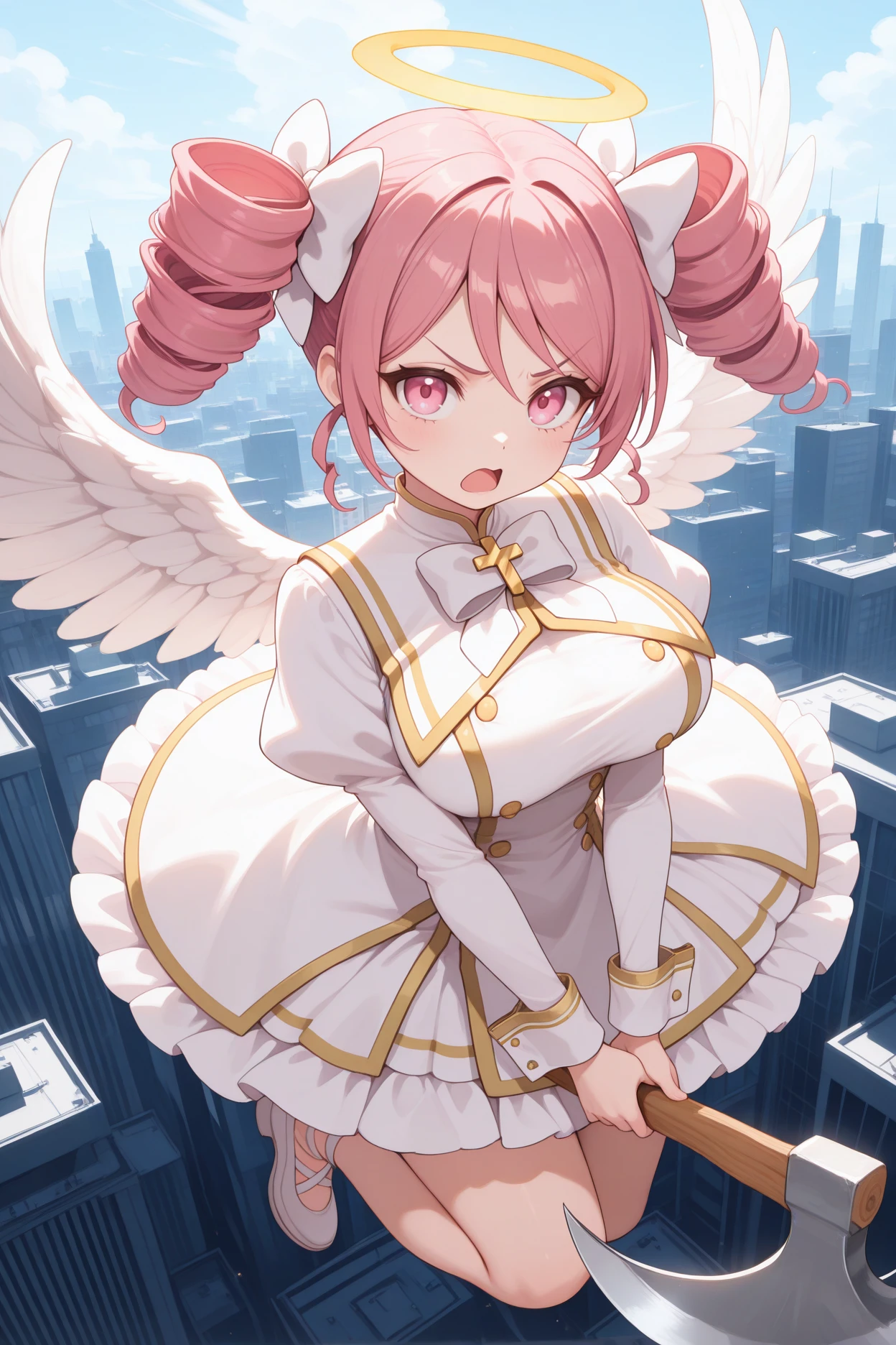masterpiece, best quality, 1girl, solo, <lora:dkpino-illu-nvwls-v1-000007:1> dkpino, pink hair, twin drills, short hair, pink eyes, hair bow, white bow, large breasts, white dress, gold trim, juliet sleeves, wrist cuffs, frilled dress, white bowtie, white shoes, angel wings, holding axe, looking at viewer, annoyed, open mouth, flying, midair, city, halo, full body, wide shot