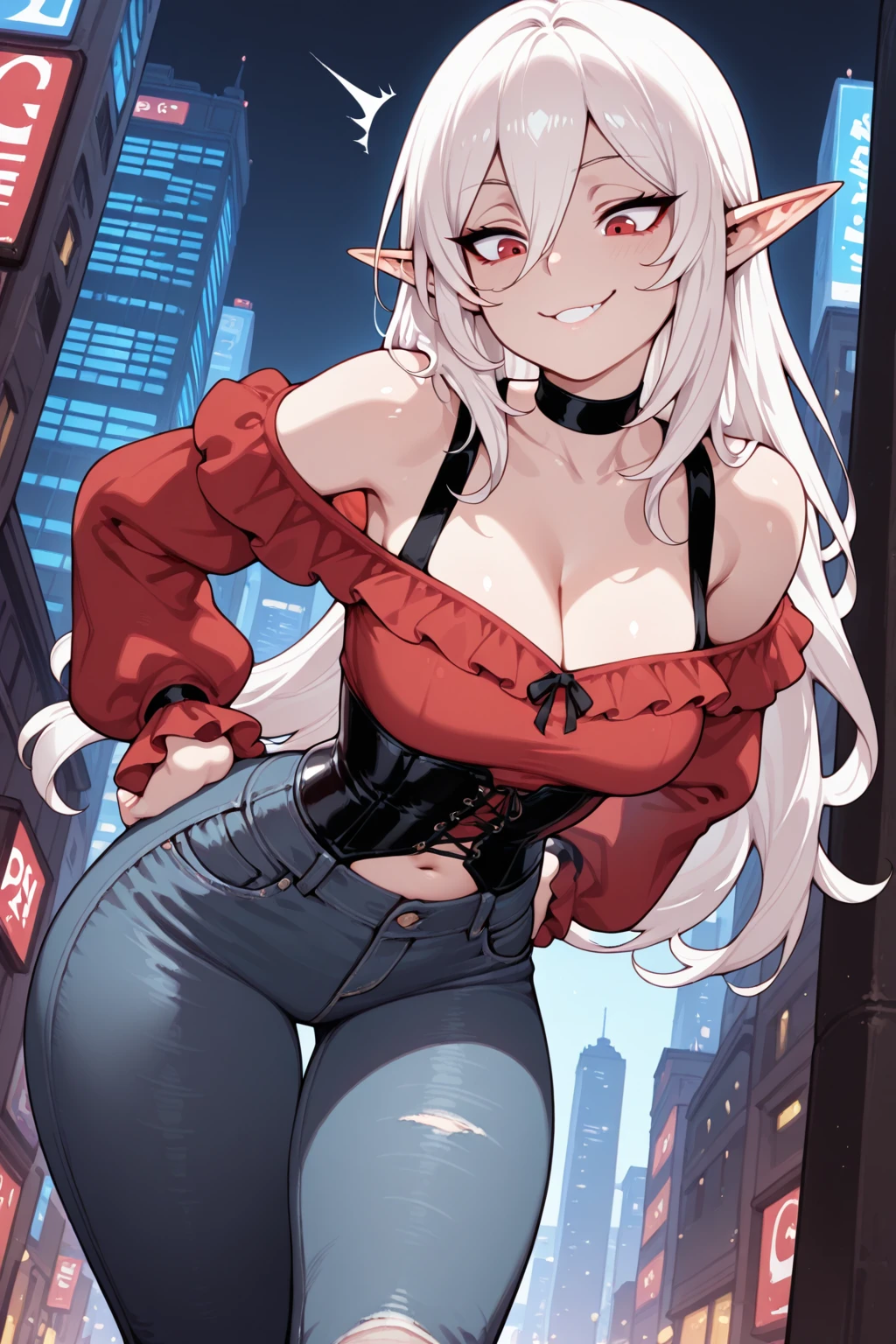 1girl, gtscity, A beautiful girl sitting against a small building as she looks down at tiny people in a tiny city, naked, beautiful, barefoot, detailed, anime style, detailed, elf, red bikini, high heels, white hair, hearts, she fell in love with little guy that standing next to her foot, huge breast, very huge breast, huge ass, very huge ass, sfw, hearts,