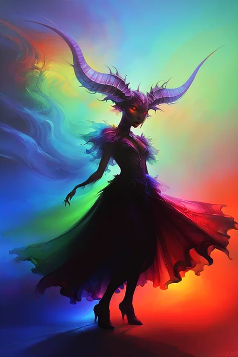 Paul Jenkins, John Pitre, oilpainting, abstract, colorful, abstract, multicolored background, dress, standing, horns, red eyes, silhouette