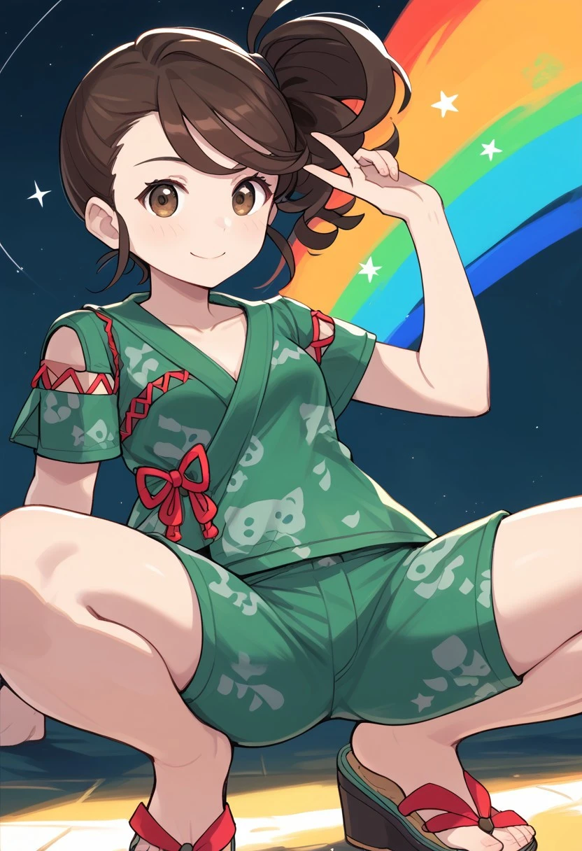 2d, masterpiece, best quality, amazing quality, 1girl, solo, close-up, squatting, smile, looking at viewer, simple background, colorful background, stars, tmjuliana, brown eyes, side ponytail, brown hair, sidelocks, collarbone, green shirt, print shirt, short sleeves, green shorts, print shorts, pocket, sandals, toes, score_9, score_8_up, score_7_up,source_anime