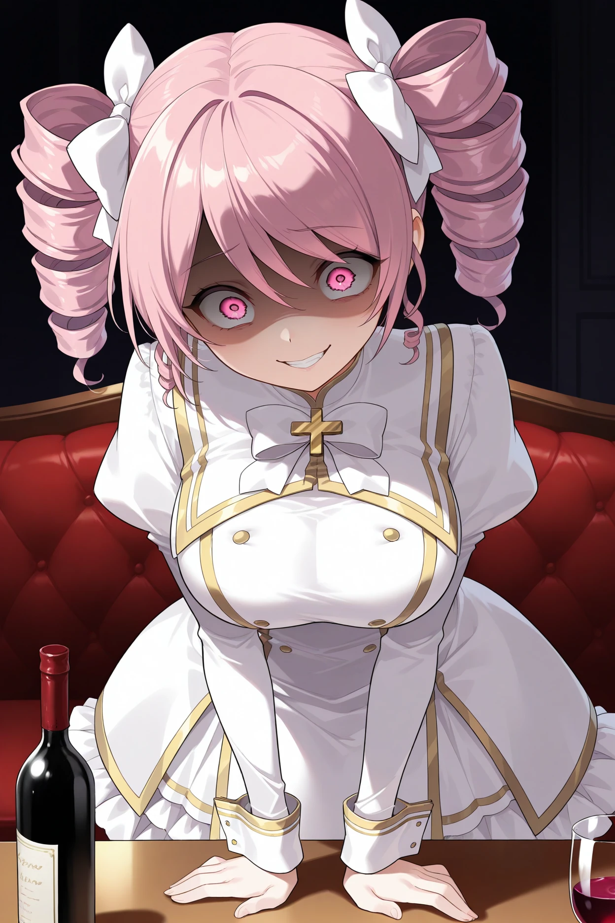 masterpiece, best quality, 1girl, solo, <lora:dkpino-illu-nvwls-v1-000007:1> dkpino, pink hair, twin drills, short hair, pink eyes, hair bow, white bow, big breasts, white dress, gold trim, juliet sleeves, wrist cuffs, frilled dress, white bowtie, sitting, couch, bottle of wine, yandere, clenched teeth, smile, shaded face, crazy eyes,leaning forward, table, indoors, dark theme