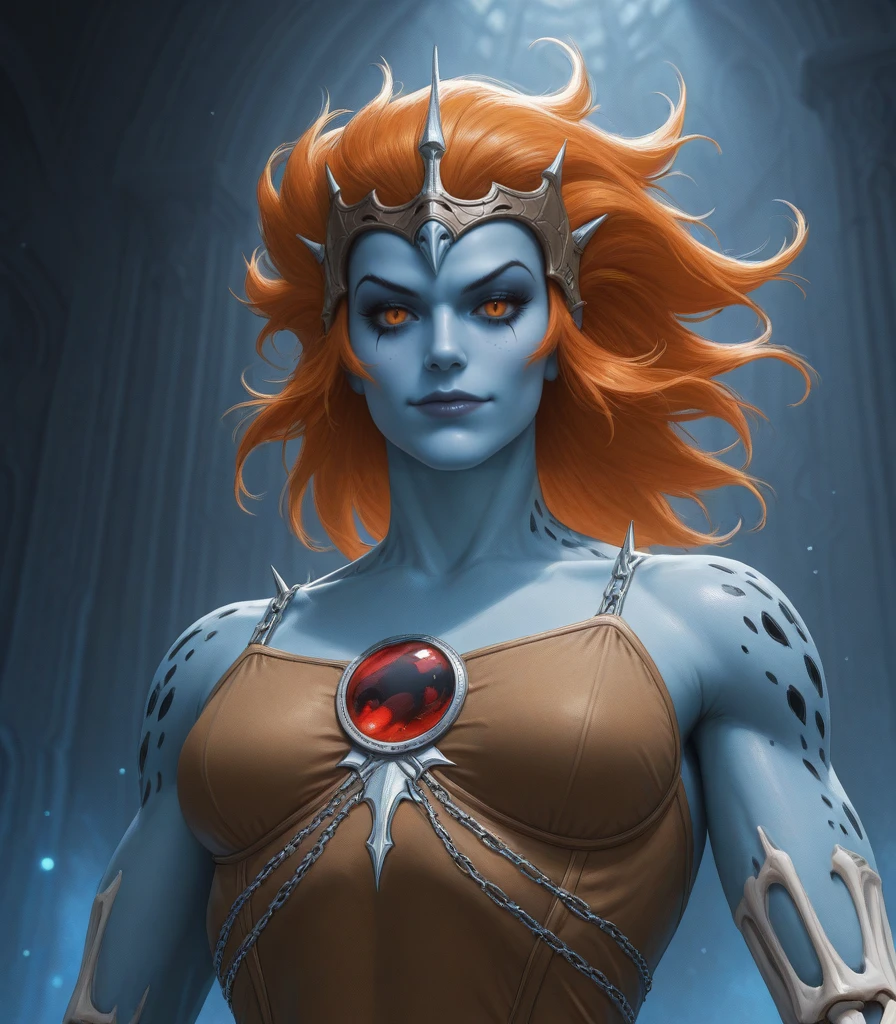 , masterpiece, best quality, great quality, <lora:ThundermanStyleQuiron_ilus:1>
ThundercatsQuiron style, solo, 1boy, upper body, male focus, pointy ears, colored skin, chain, spikes, blue skin, bald,
Analog style, ((intricate details)), full torso shot, cold lighting, beautiful, (pale gothic evil princess), (intricate), midriff exposed, ((skeletal skimpy onyx dress armor)), (intricate jagged obsidian crown), dynamic pose, windblown hair, perfect face, (realistic eyes), round iris, smirking, perfect eyes, intricate, complex, swirly bokeh, trending on artstation, sharp focus, studio photo, intricate details, highly detailed, sharp, dnd character portrait, (oil on canvas), perfect lighting, Masterpiece, detailed background, portrait by artgerm and greg rutkowski, cinematic lighting, 8k, (from_below:1.4), abs.,